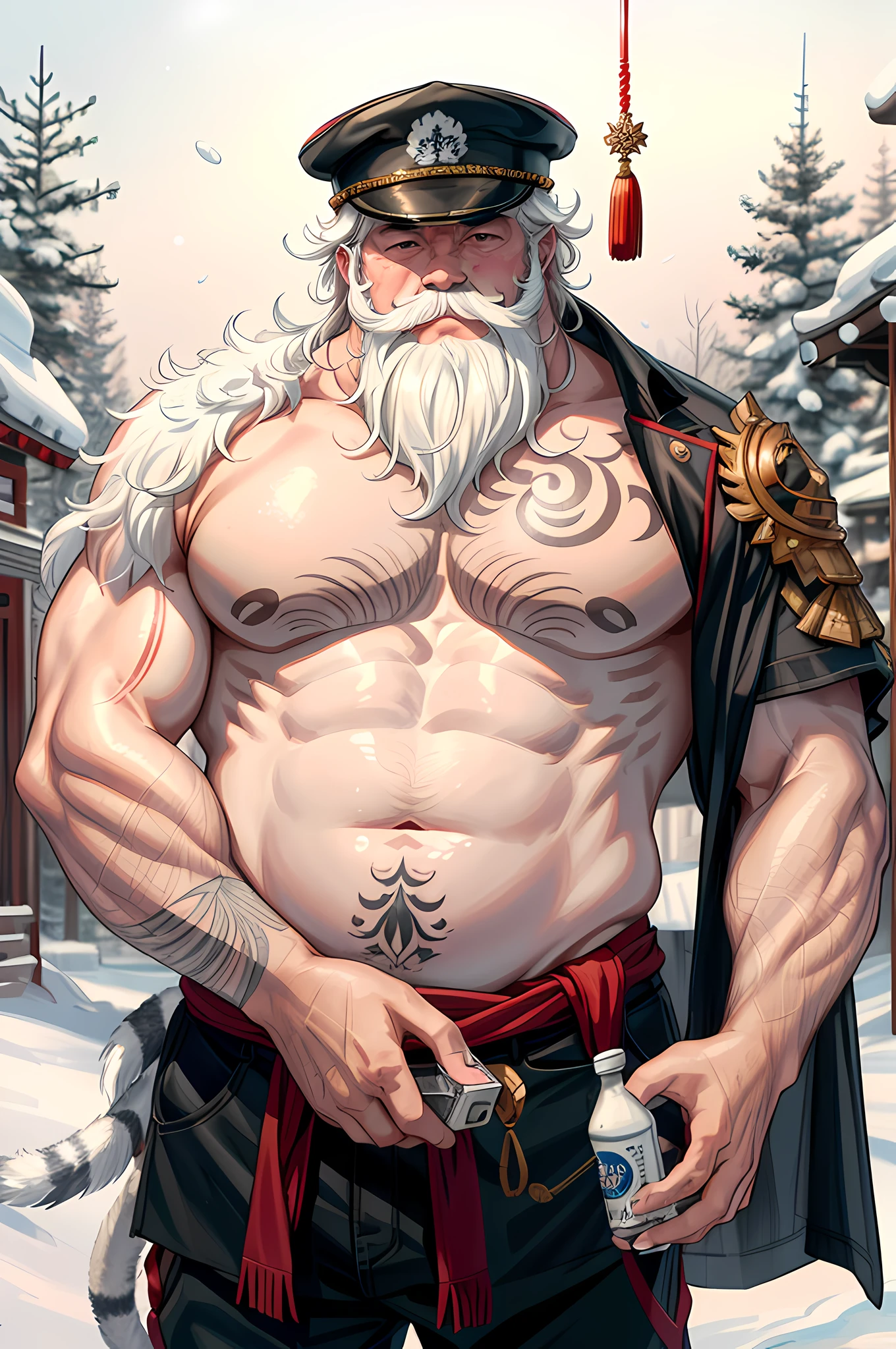 Best quality, male focus, (66-year-old Chinese grandfather: 1.5), (chubby: 2), (nude: 1.5), (anger: 1.5), (blush: 1.5), (heavy breathing: 1.5), (big eyes: 1.5), (white body hair: 1.5) (long white hair: 1.5), (long and thick white beard: 1.5), (wrinkled skin: 1.5), (tattoo: 1.5), high, Chinese armor, triglycerides, (chubby), big belly, beer belly, plump, large, milk spray on body, milk splash on face, milk shower on body, face full of milk,
, hairpins, outdoors, tigers, twilight, red sky, temples, winter, , snowstorm in background, pine forest,