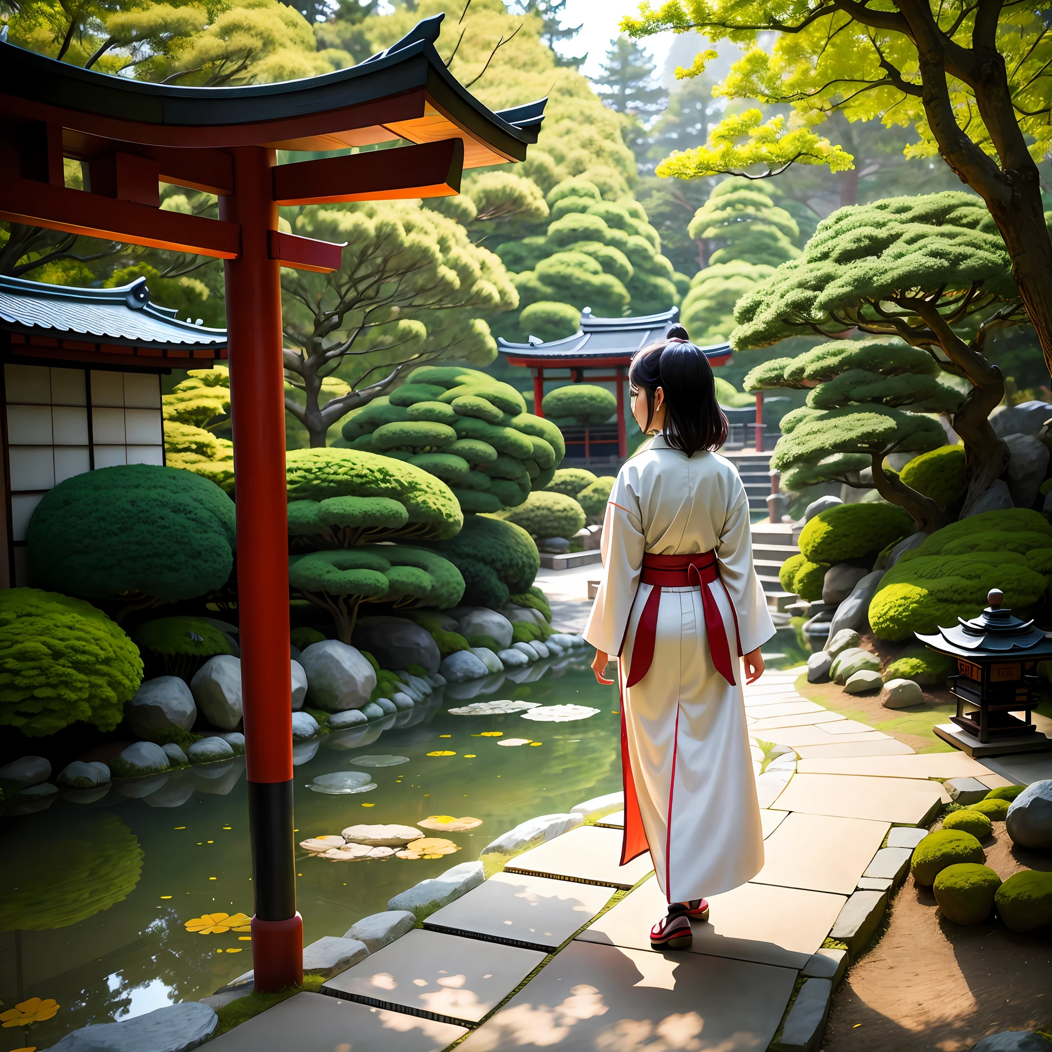 Japanese garden girl walking