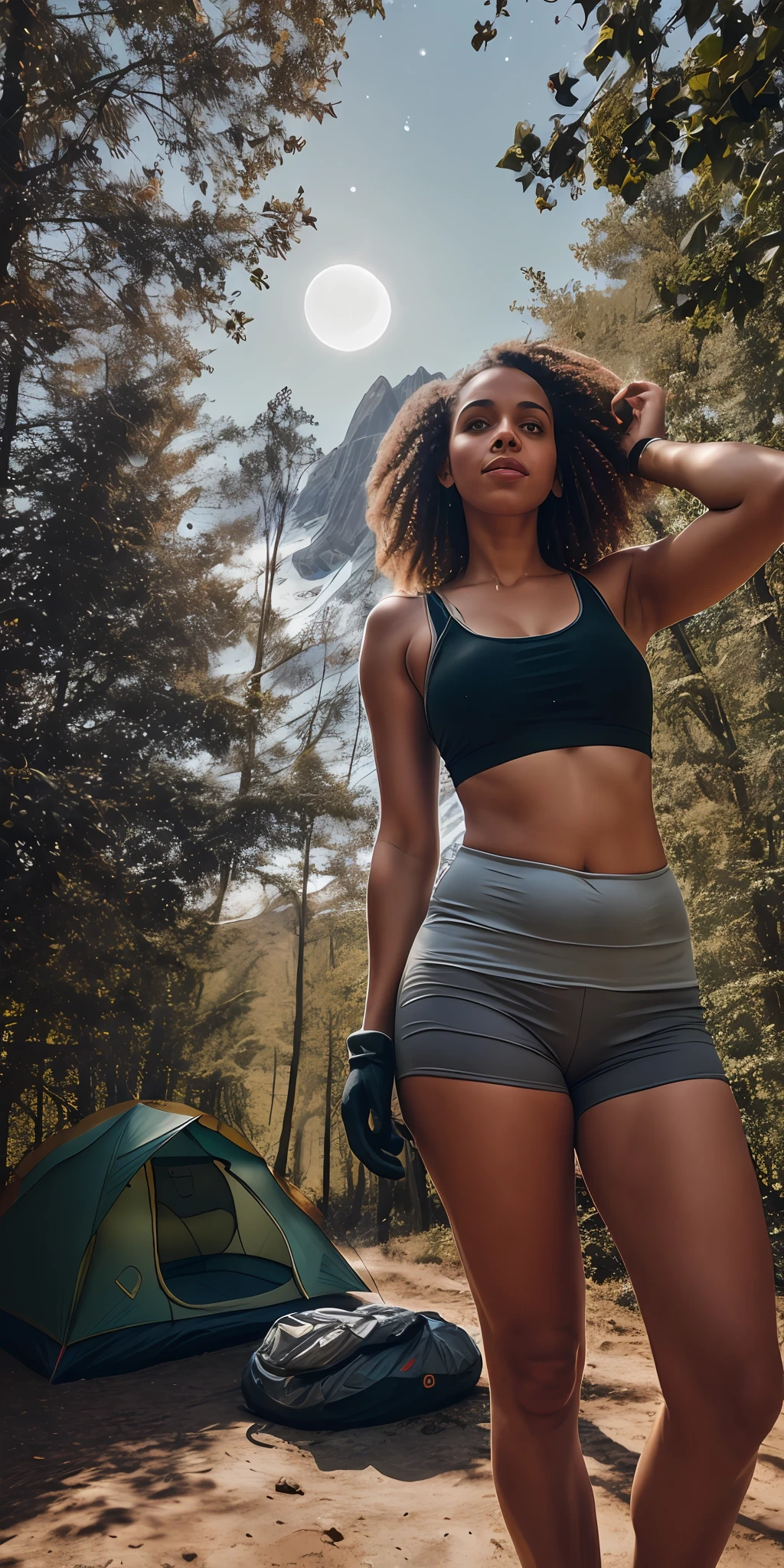 ung beautiful woman, female body aesthetics, beautiful figure, tight-fitting clothes, white curly hair, ((upper body selfie, happy)), masterpiece, best quality, super detailed, solo, outdoor, (night), mountains, nature, (stars, moon) cheerful, happy, backpack, sleeping bag, camping stove, water bottle, mountain boots, gloves, flashlight, forest, rocks, river, tree, smoke, shadows, contrast, clear sky, analog style (viewer look:  1.2) (skin texture) (film grain: 1.3) , (warm tint, warm tone): 1.2), close-up, cinematic light, side lighting, ultra-high resolution, best shadow, RAW, upper body