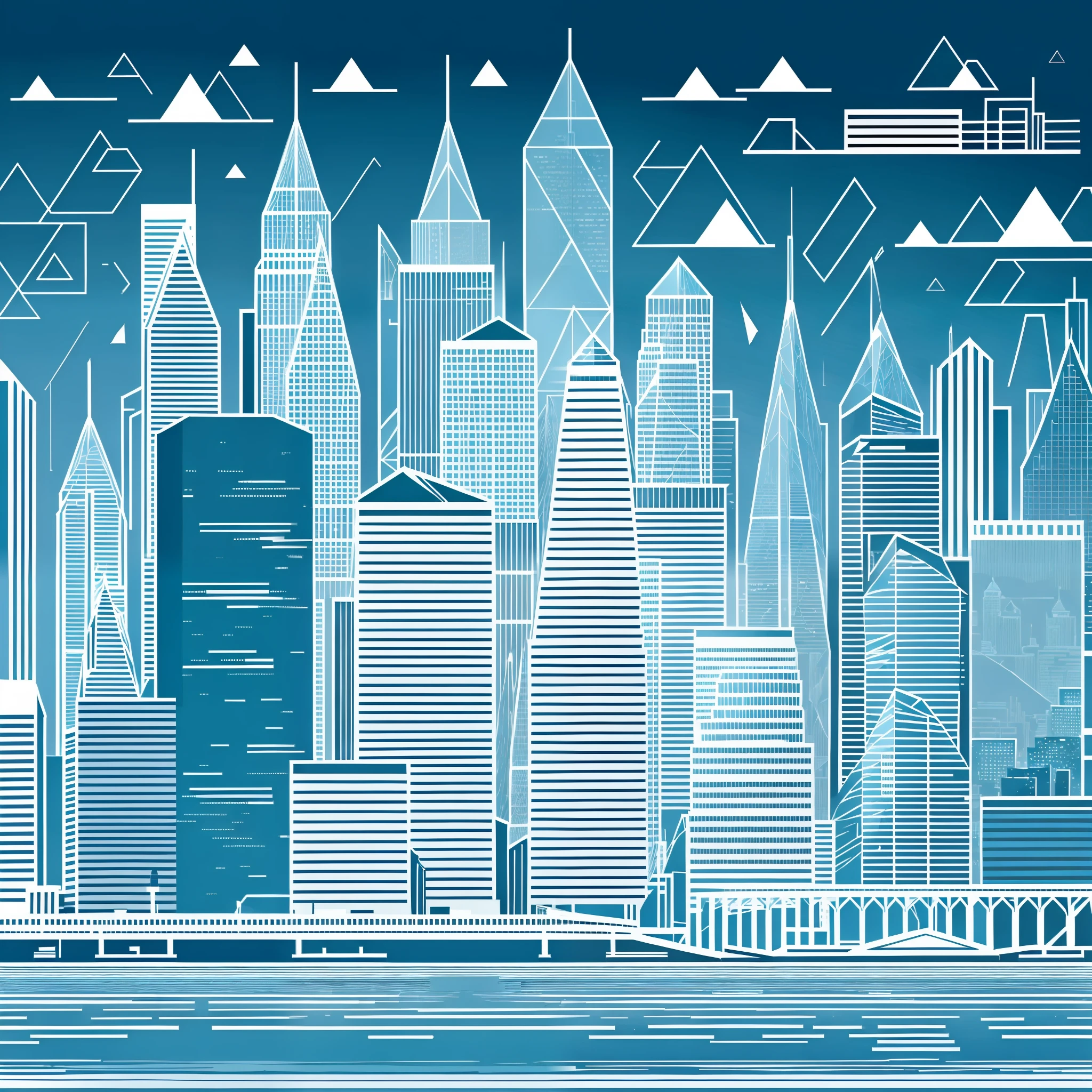 A modern city skyline with skyscrapers, bridges, and a river, with geometric shapes and minimalistic design," "Vector art style," "Monochrome color palette with blue accents, clean lines --auto --s2