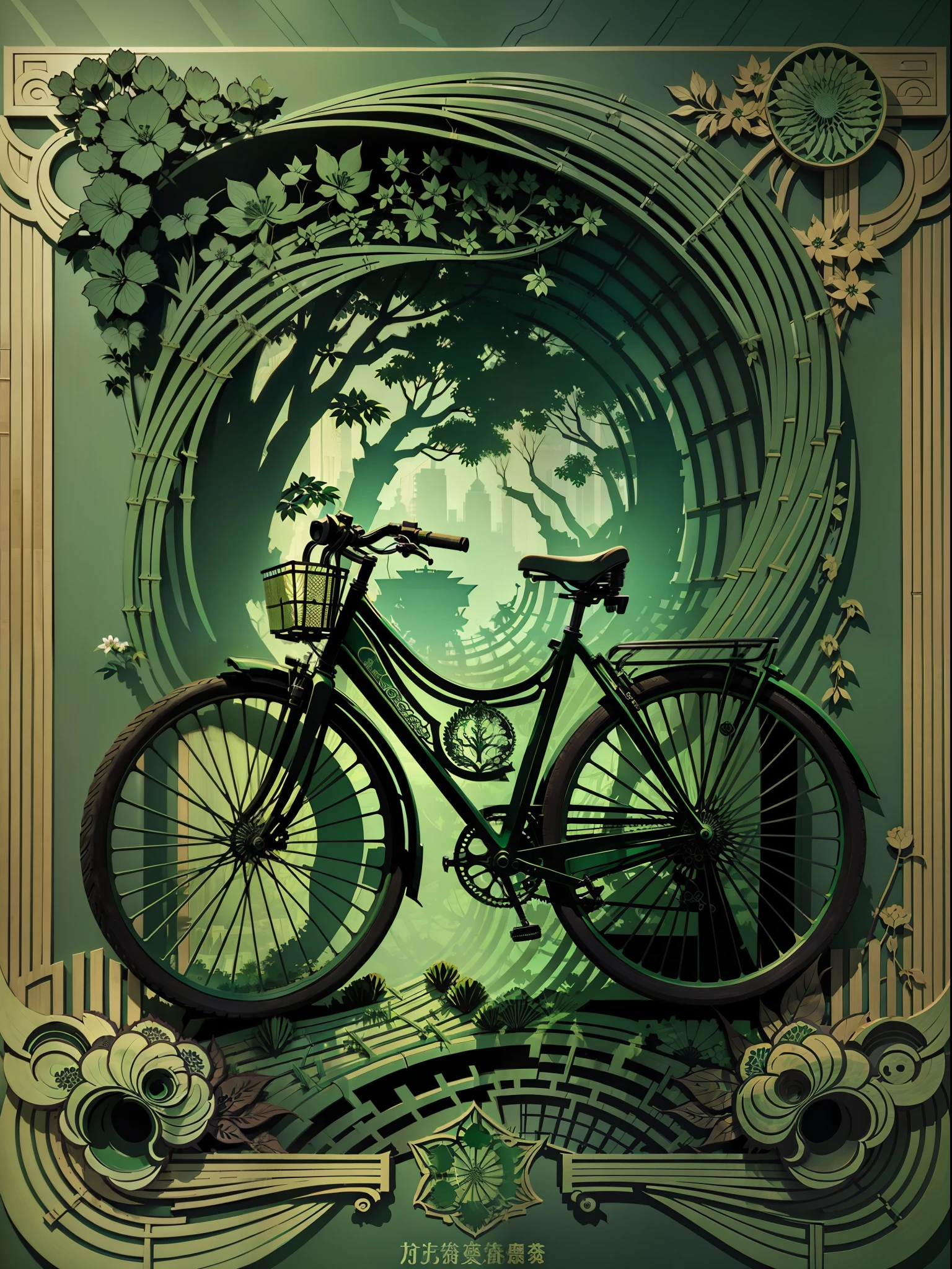 Green travel poster, paper cutting works, urban and environmental theme paper cutting works, green, bamboo, openwork design, bicycle, light and shadow, 3D