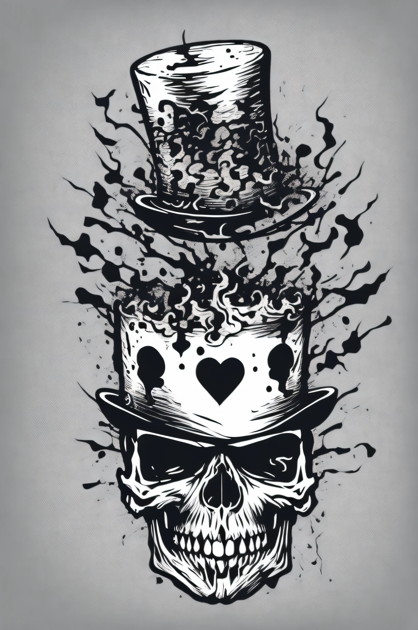 (A skull wearing a top hat, with art vector style, white background, detailed and sharp outline, fire coming out of the eyes), (a T-shirt with an art-style logo)