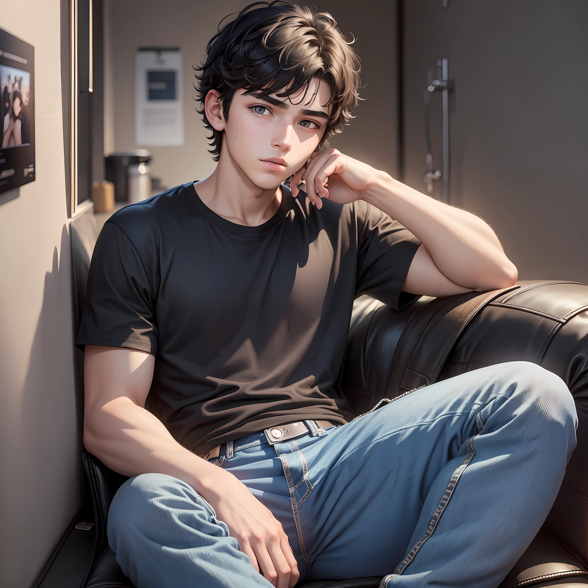 A -yeld maas short black hair, brunette, has brown eyes, has some spots on his face, does not have a robust physique, has dark circles, has a beard, wears a black shirt and dark blue jeans --auto --s2