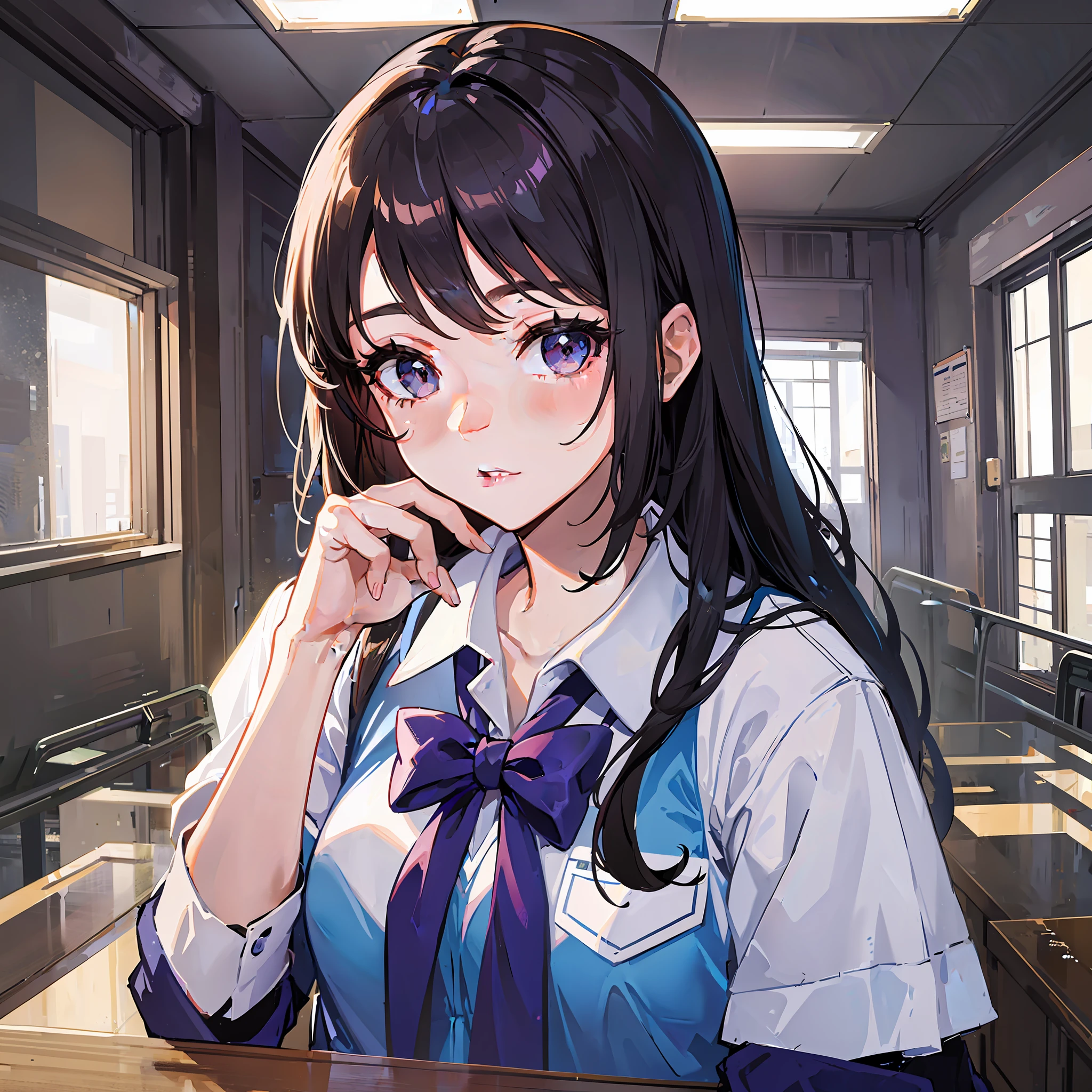 A girl, wearing a school uniform, inside the school