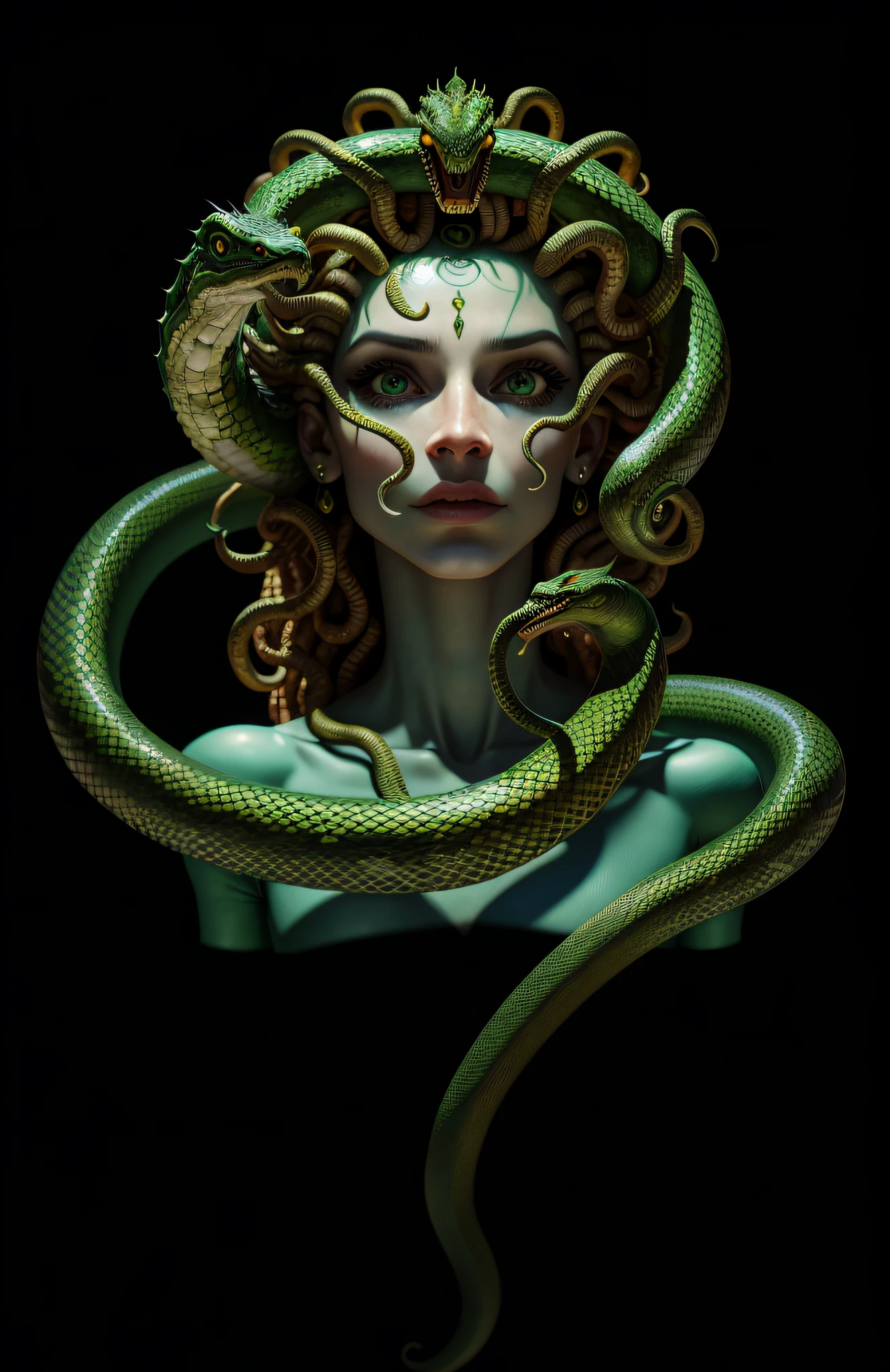 ((best quality)), ((masterpiece)), ((realistic)), Medusa, the realistic snake monster body, the human face and upper body, the hair consists of numerous small snakes, green eyes, female face, metal sculpture tops, regal, trend in artstation, sharp focus, studio photo, intricate details, very detailed, detailed eyes, illustration, very detailed, sharp focus,  Digital, professional, 4K rendering