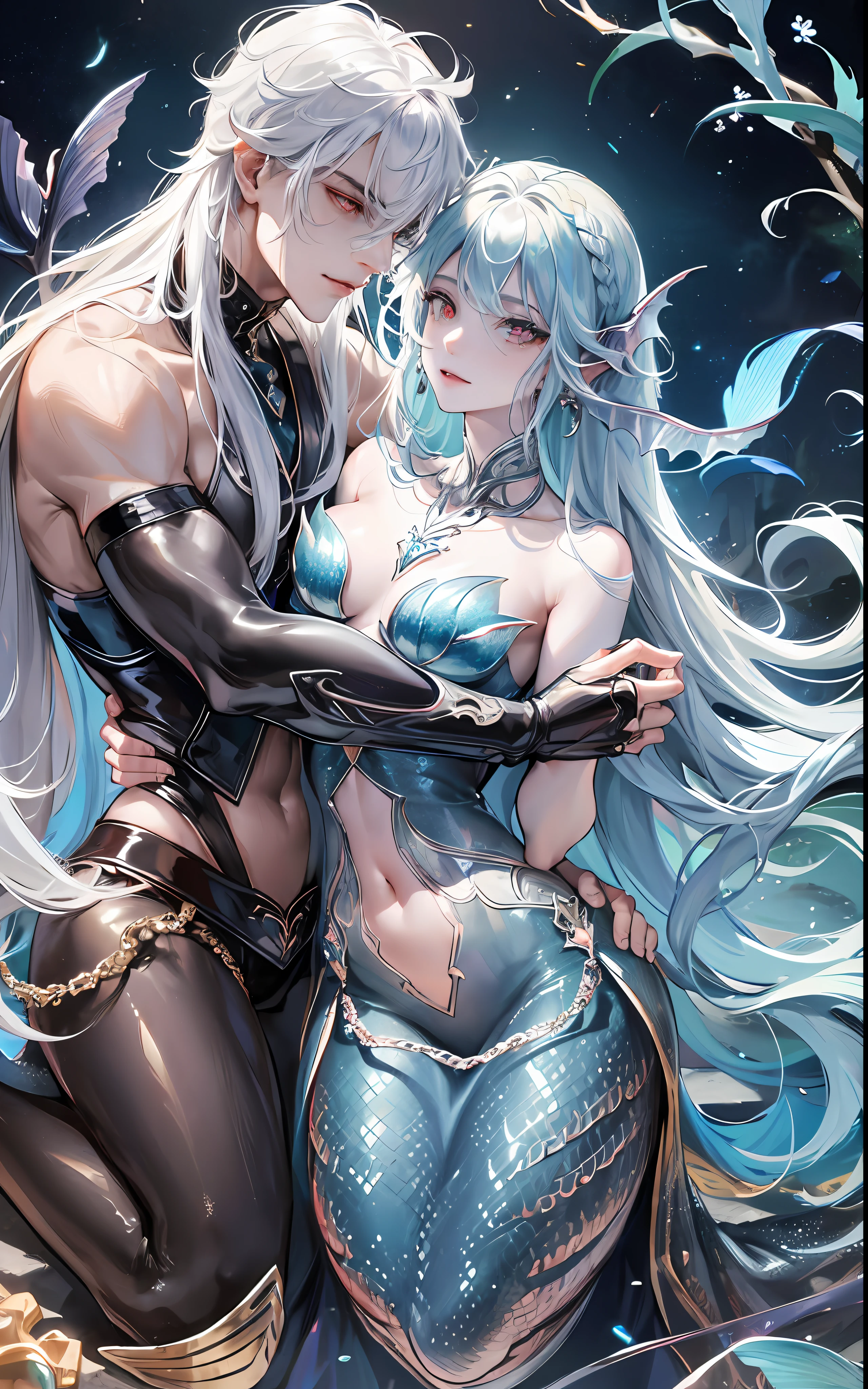 (man hugging a black-haired girl), long dress girl, masculine man, masculine face, attractive, muscular, (((1man))), masterpiece, absurdres, best quality ,intricate details, ((((full body)))), (shiny skin, shiny body, shiny oily luster skin, shiny hair, pale skintone), Sundown, attractive, ((muscular)), adult, one, earrings, Don't look at the view , Not looking at the view, silver hair man, braided hair man, perfect detailed face, perfect detailed hands, triton, fins, red eyes, triton ears, smirk, marine sea ornaments, open chest, ((long mermaid tail)), no legs, under the sea, fishes, masculine features, masculine face, (((night))), moonlight, darkness, dark light, character seen from afar