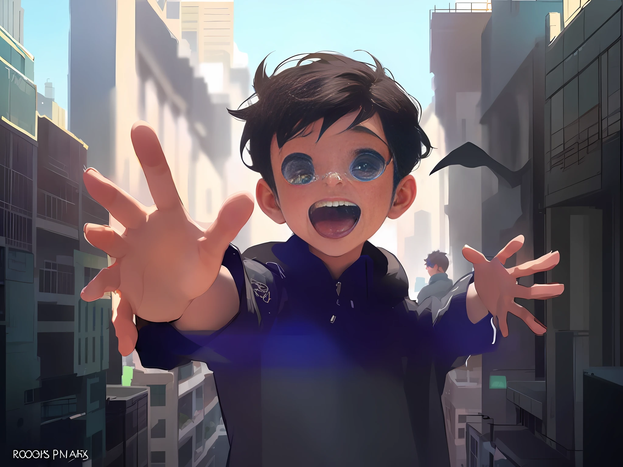 anime boy with hands up in the air in a city, ross tran style, in the style of ross tran, rossdraws global illumination, childrens art in artstation, artwork in the style of guweiz, inspired by Ross Tran, ross tran 8 k, ross tran!!!, digital anime illustration, artgerm and atey ghailan, concept art of single boy