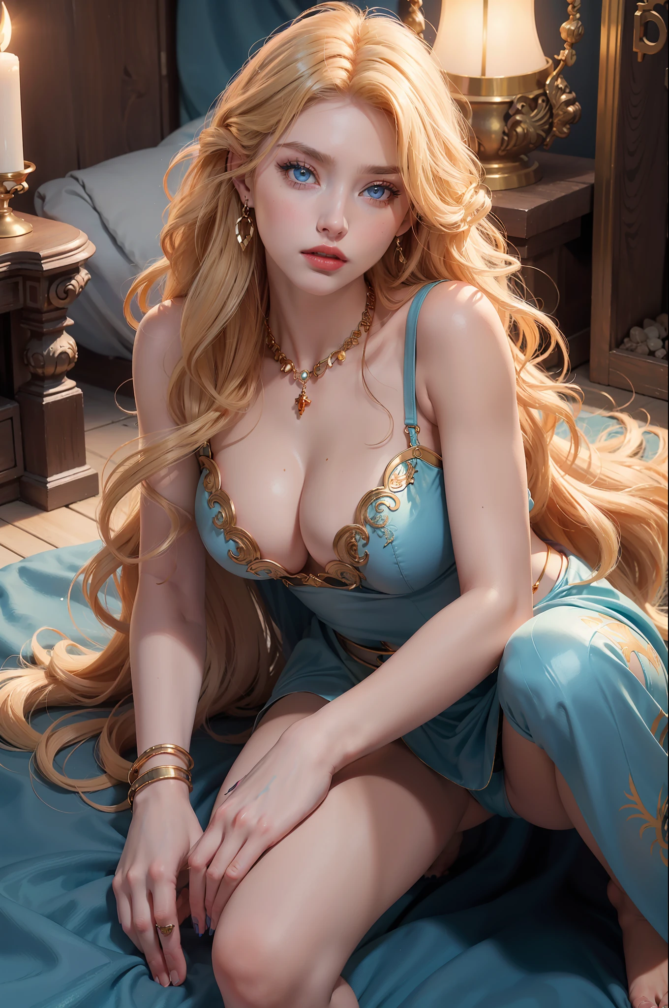 death angel’s goddess, face of elsa hosk, crawling on hands and knees, very large breasts, deep cleavage, bare feet, small feet, large elaborate amber necklace, light blue eyes, golden blonde wavy hair, red lipstick, seductive gaze, volumetric lighting, photorealistic, nordic temple background, sunset, ultra detailed, best quality