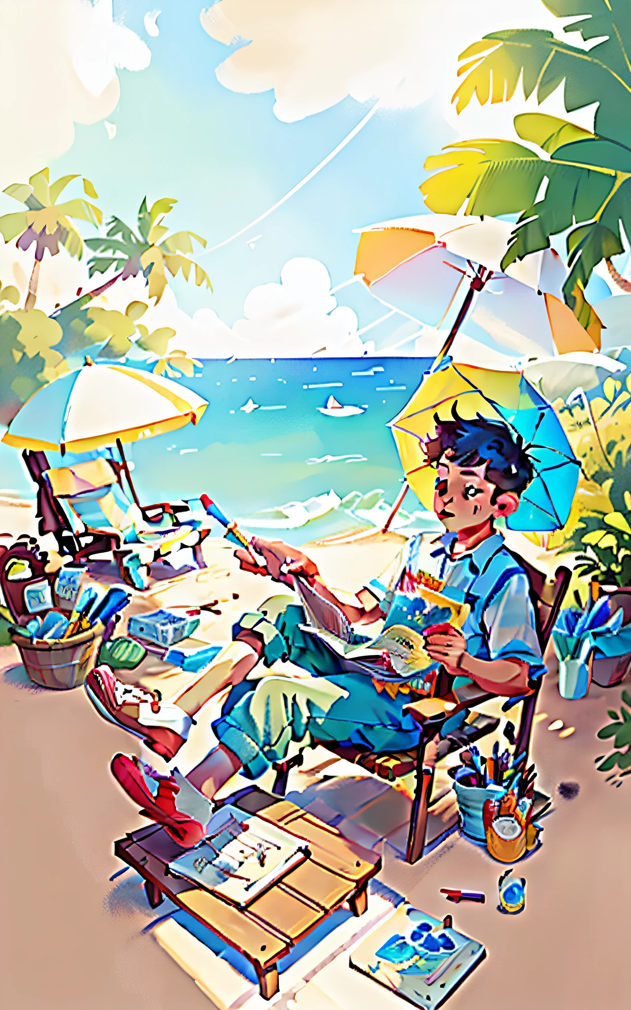 Seaside, bright sun, painting of a man sitting on chair under umbrella, artist sketch, digital sketch, sketch illustration, care on art station, fine art sketch, master drawing, concept art sketch, digital drawing, sketch, contour drawing, art sketch, traditional painting style