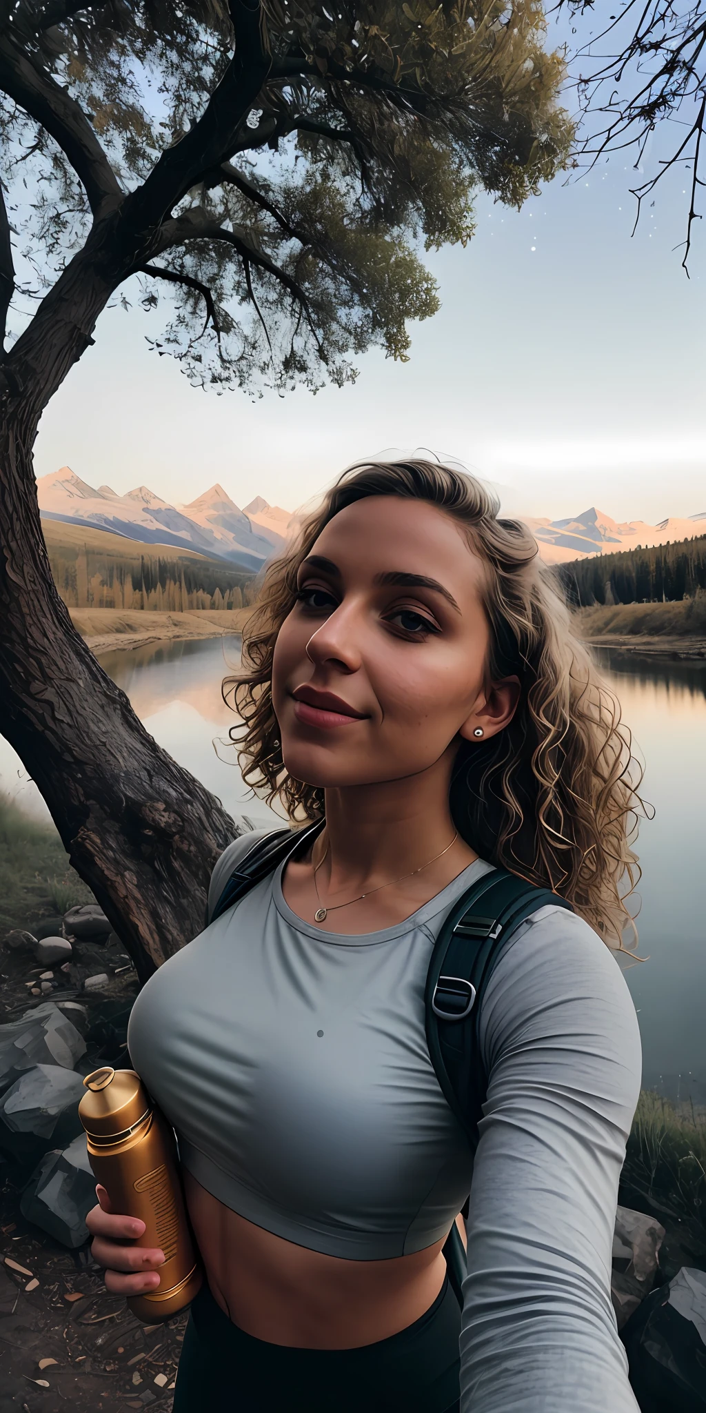ung beautiful woman, female body aesthetics, beautiful figure, tight-fitting clothes, white curly hair, ((upper body selfie, happy)), masterpiece, best quality, super detailed, solo, outdoor, (night), mountains, nature, (stars, moon) cheerful, happy, backpack, sleeping bag, camping stove, water bottle, mountain boots, gloves, flashlight, forest, rocks, river, tree, smoke, shadows, contrast, clear sky, analog style (viewer look: 1.2) (skin texture) (film grain: 1.3) , (warm tint, warm tone): 1.2), close-up, cinematic light, side lighting, ultra-high resolution, best shadow, RAW, upper body