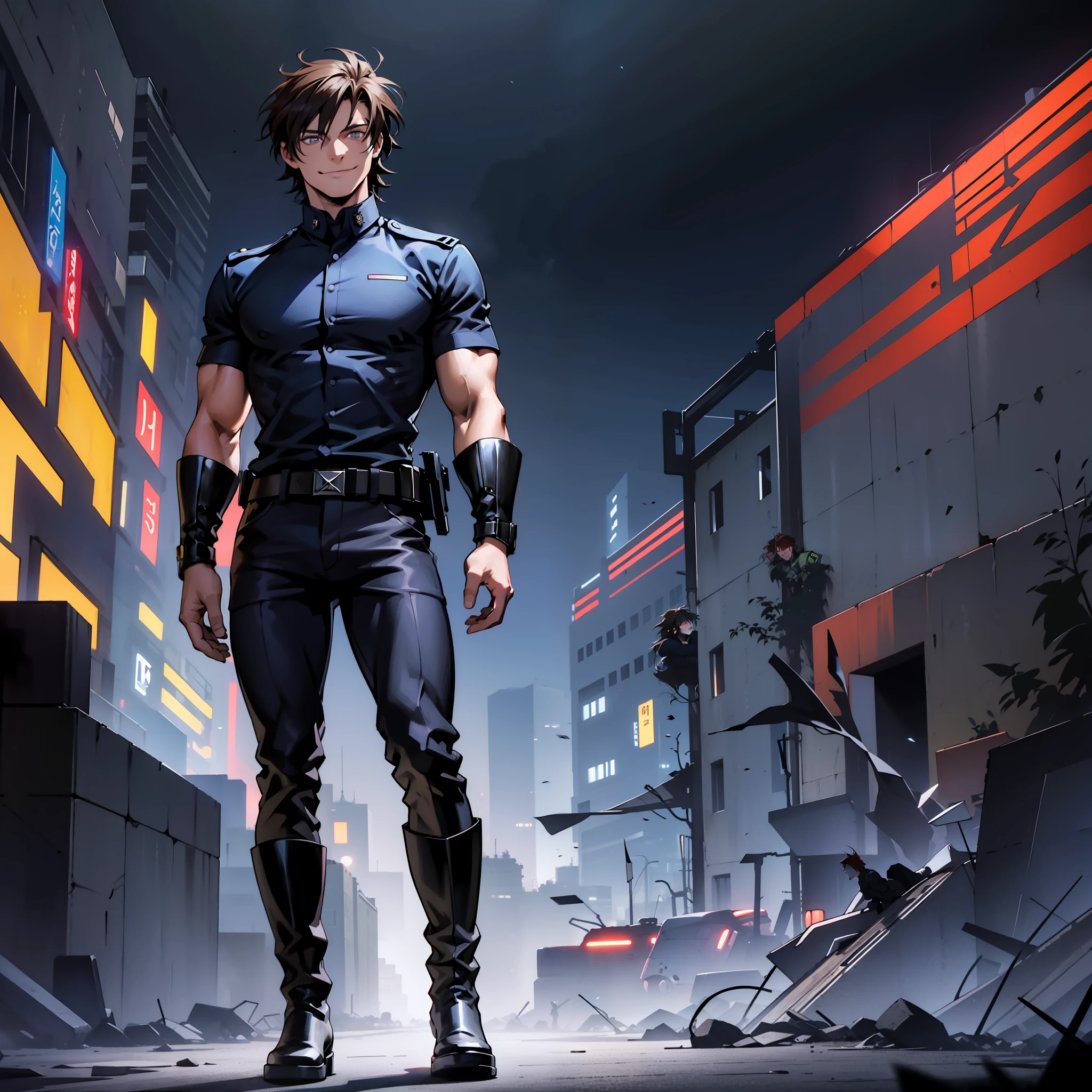 A man with medium brown hair, villain, blue eyes, dark clothes, short sleeve shirt, black pants, military boots, detailed hand, sarcastic smile, full body from head to toe, red and black neon image background