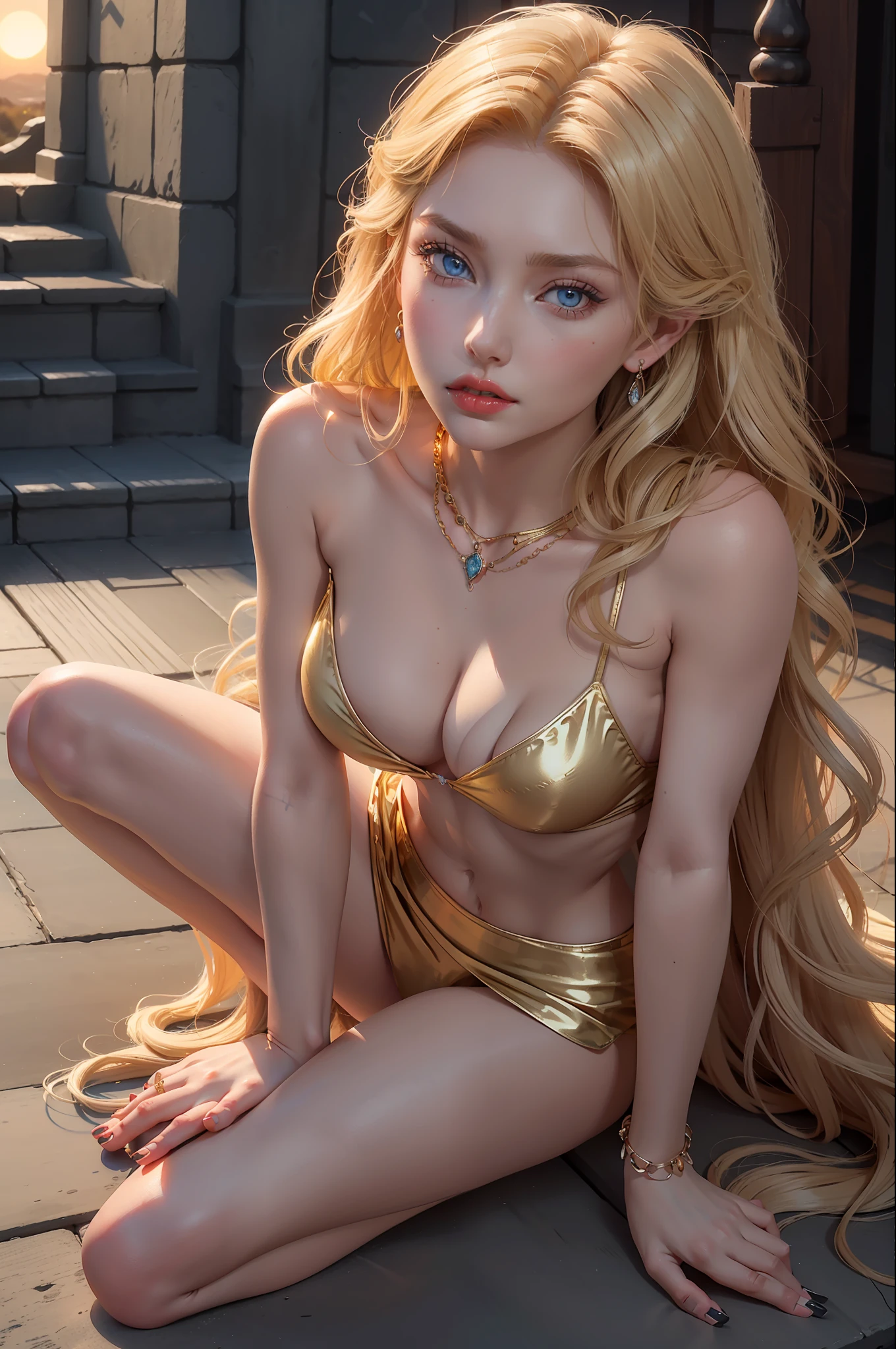 death angel’s goddess, face of elsa hosk, crawling on hands and knees, very large , deep cleavagfeet, small feet, large elaborate amber necklace, light blue eyes, golden blonde wavy hair, red lipstick, seductive gaze, volumetric lighting, photorealistic, nordic temple background, sunset, ultra detailed, best quality