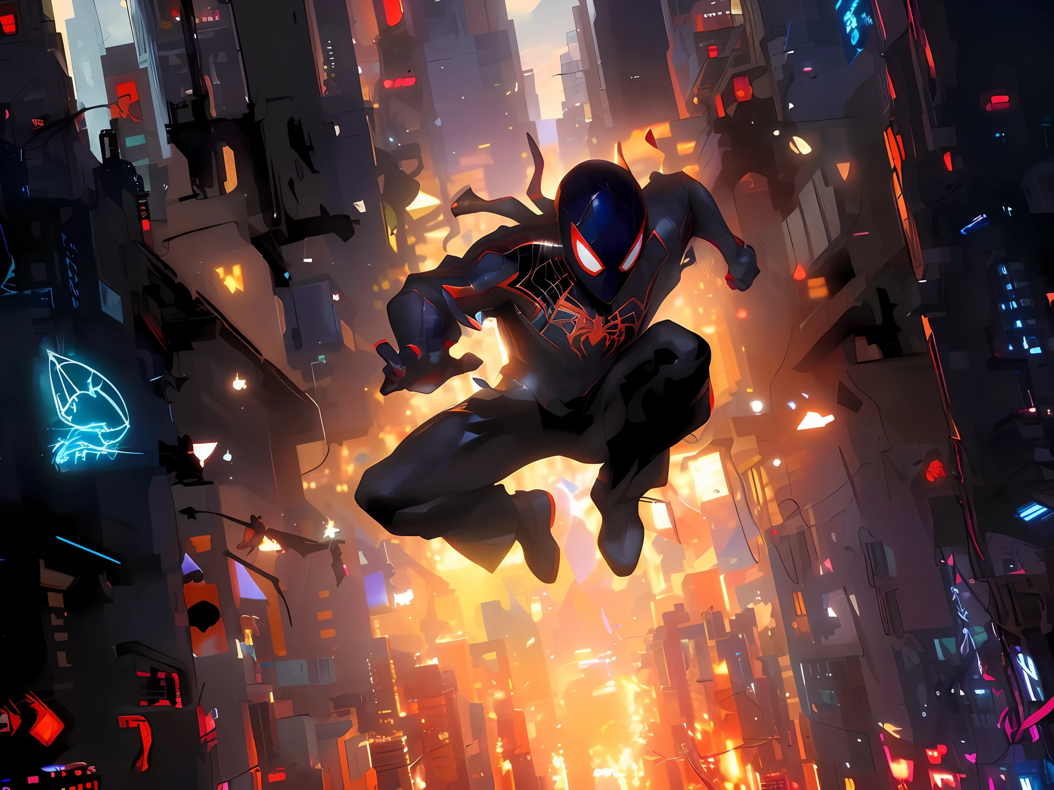 spider - man flying through the air in a city at night, futuristic style spiderman, miles morales, miles morales!!!, hero pose colorful city lighting, spider - verse art style, badass anime 8 k, into the spider verse, by Eddie Mendoza, into the spiderverse, anime art wallpaper 4 k, anime art wallpaper 4k, anime art wallpaper 8 k