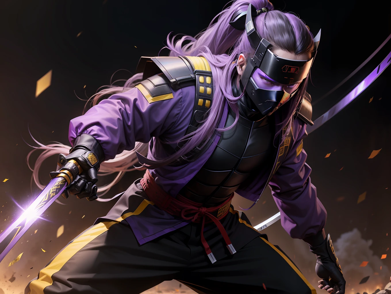 Cyber Man Samurai with a katana, standing in Techwear,(long hair tied),(black, purple, yellow), background of the war zone during the day.