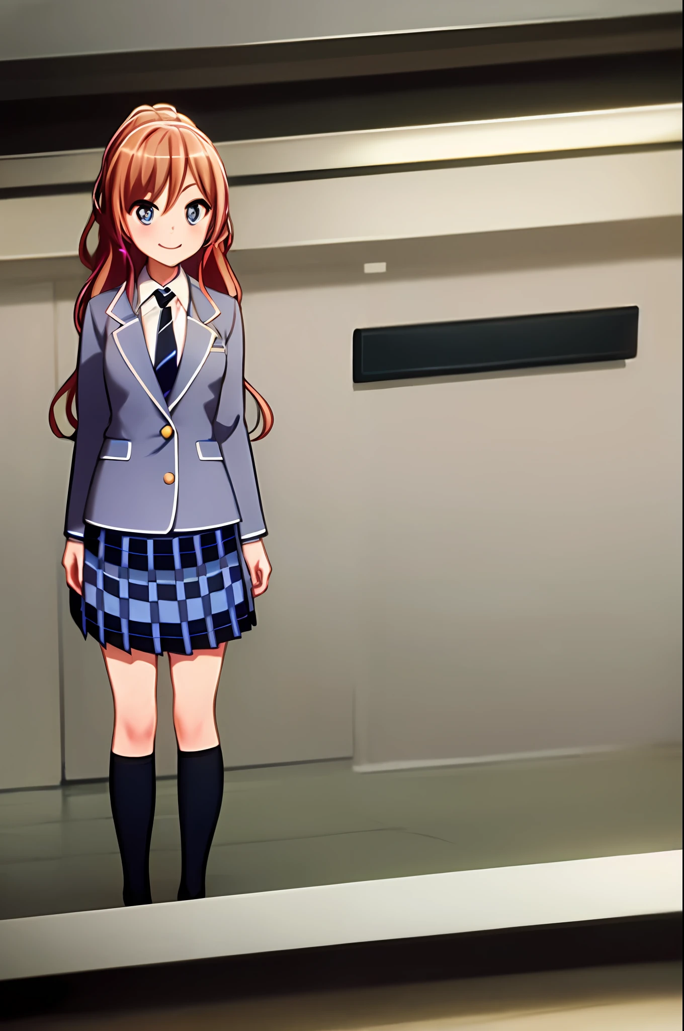 ((masterpiece, top quality)), very detailed, simple eyes, medium chest, standing, ayamaruyama,1girl,smile,blue_necktie, brown_hair, haneoka_school_uniform, full_body, gray jacket, jewelry, long_hair, looking_at_viewer, tie, plaid, plaid_ skirt, pleated_skirt, school_uniform, skirt, pink hair, twin tails