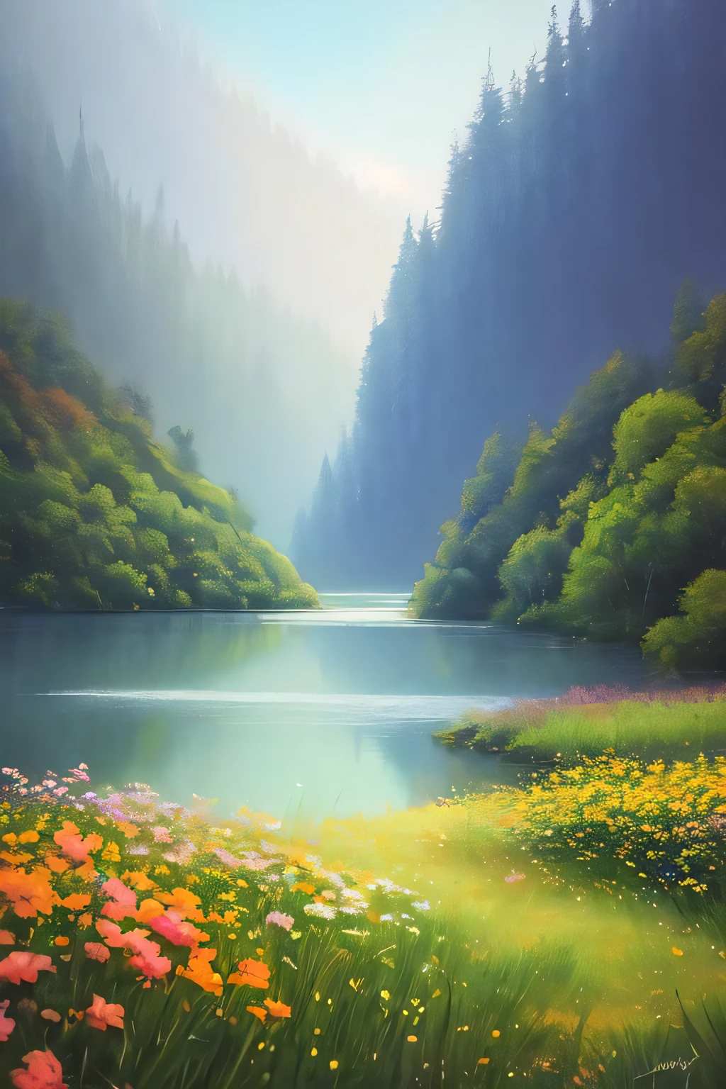 masterpiece, best quality, high quality,extremely detailed CG unity 8k wallpaper, A tranquil and peaceful scene, featuring a serene lake nestled among rolling hills and surrounded by a verdant forest, with a misty morning fog that adds an air of mystery and enchantment, artstation, digital art, intricate, trending, muted colors, artstation, digital illustration, intricate, trending, pastel colors, oil paiting, award winning photography, Bokeh, Depth of Field, HDR, bloom, Chromatic Aberration ,Photorealistic,extremely detailed, trending on artstation, trending on CGsociety, Intricate, High Detail, dramatic, art by midjourney