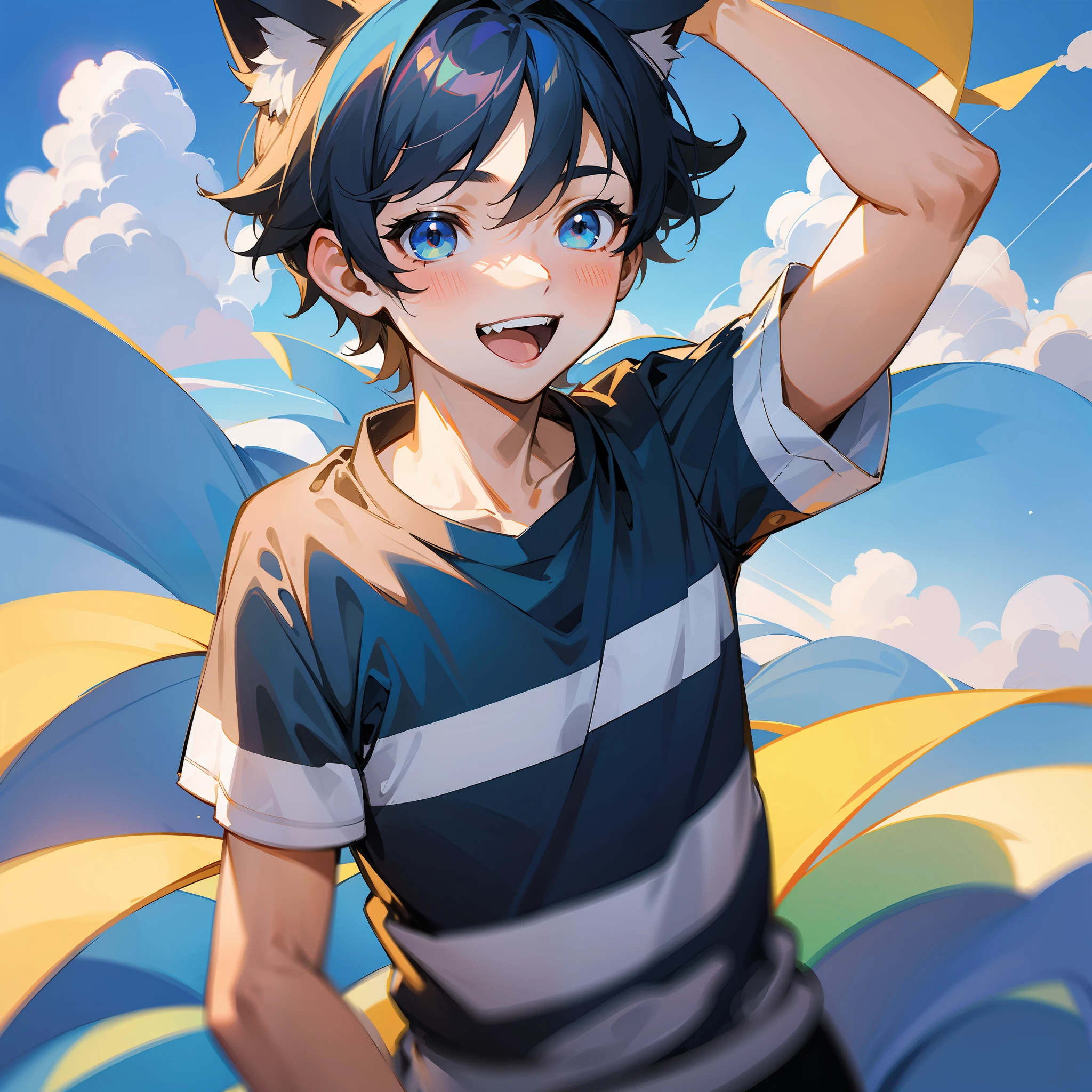 cat ears, boy, , boy, young, smiling, summer, background blue sky