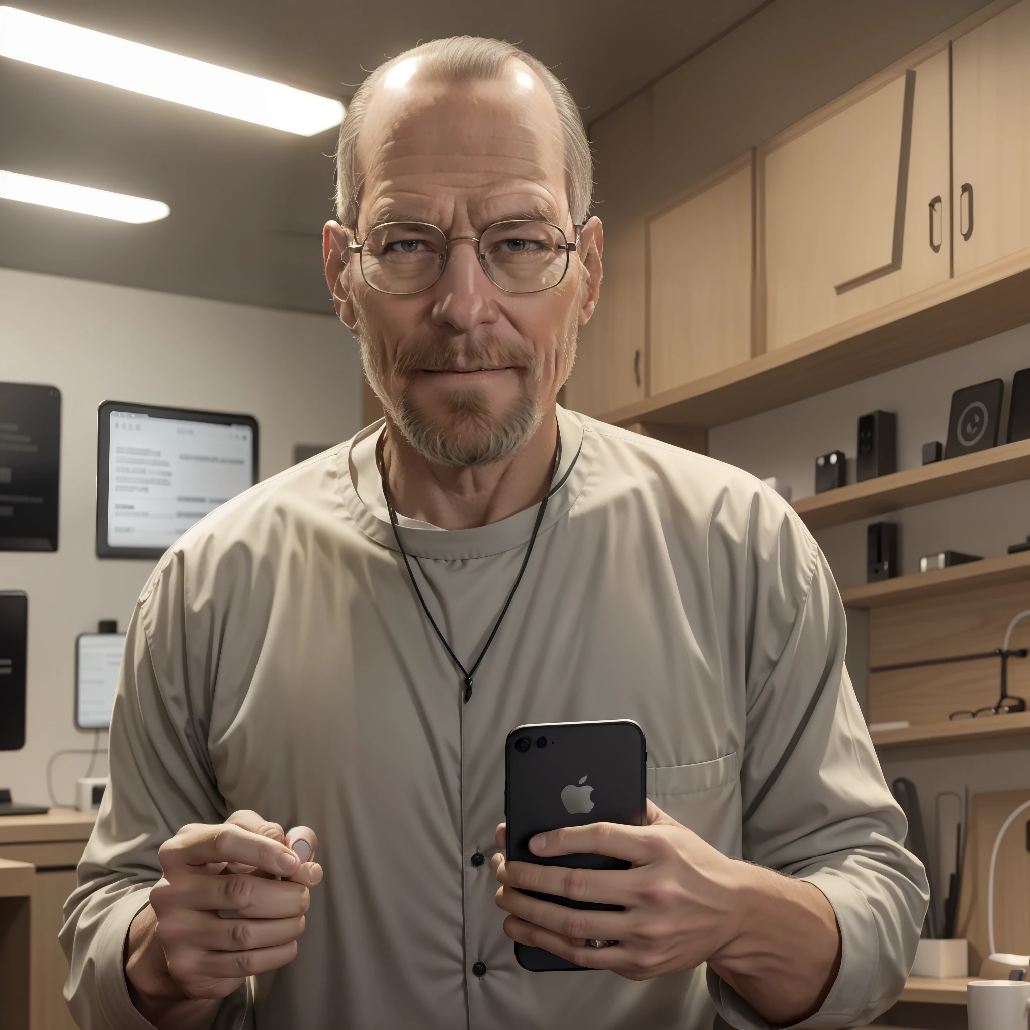 Steven Poul Jobs holding a cell phone in his hand, glasses, beard, Apple, Apple Phone, iPhone, Apple Cell Phone, confident smile, Pirador,