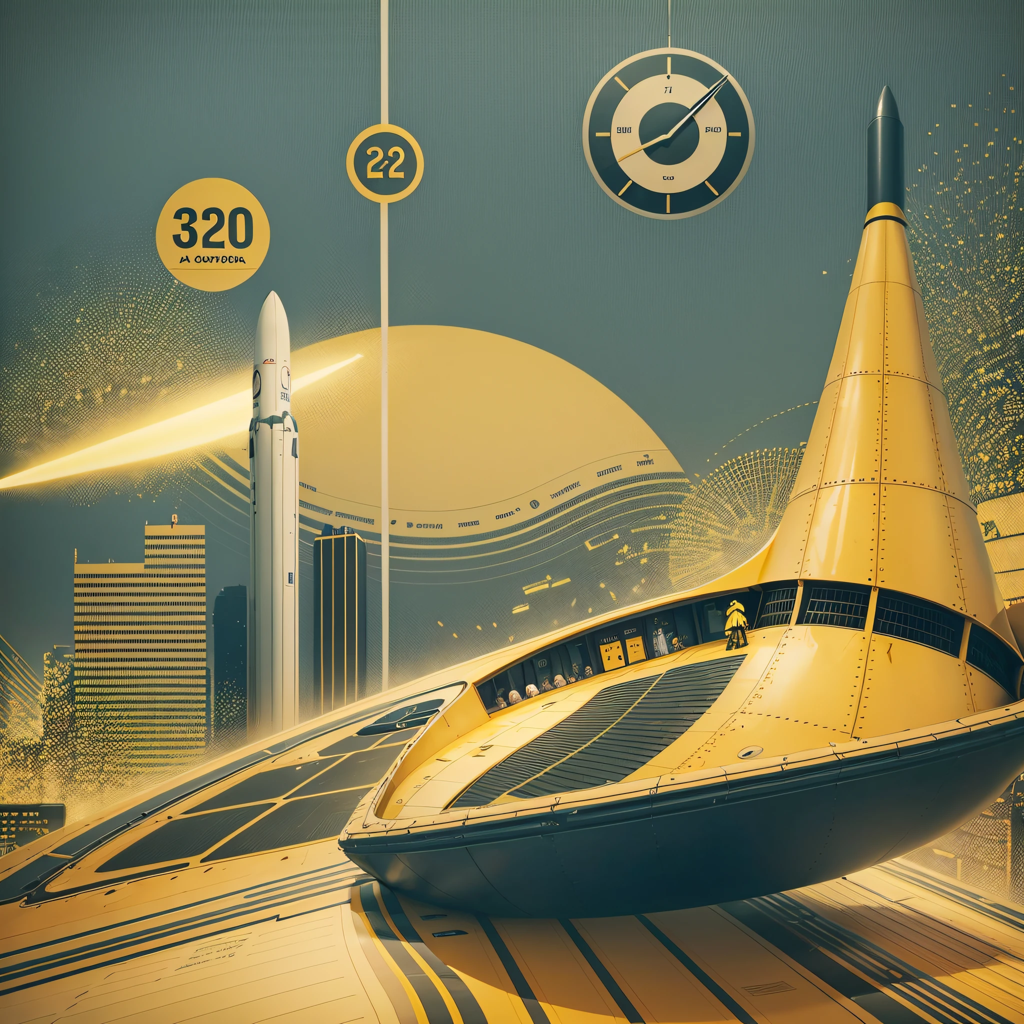 A dashboard with numbers and indicators about customers, coming out of a yellow book, on top a rocket arriving at its destination --auto --s2