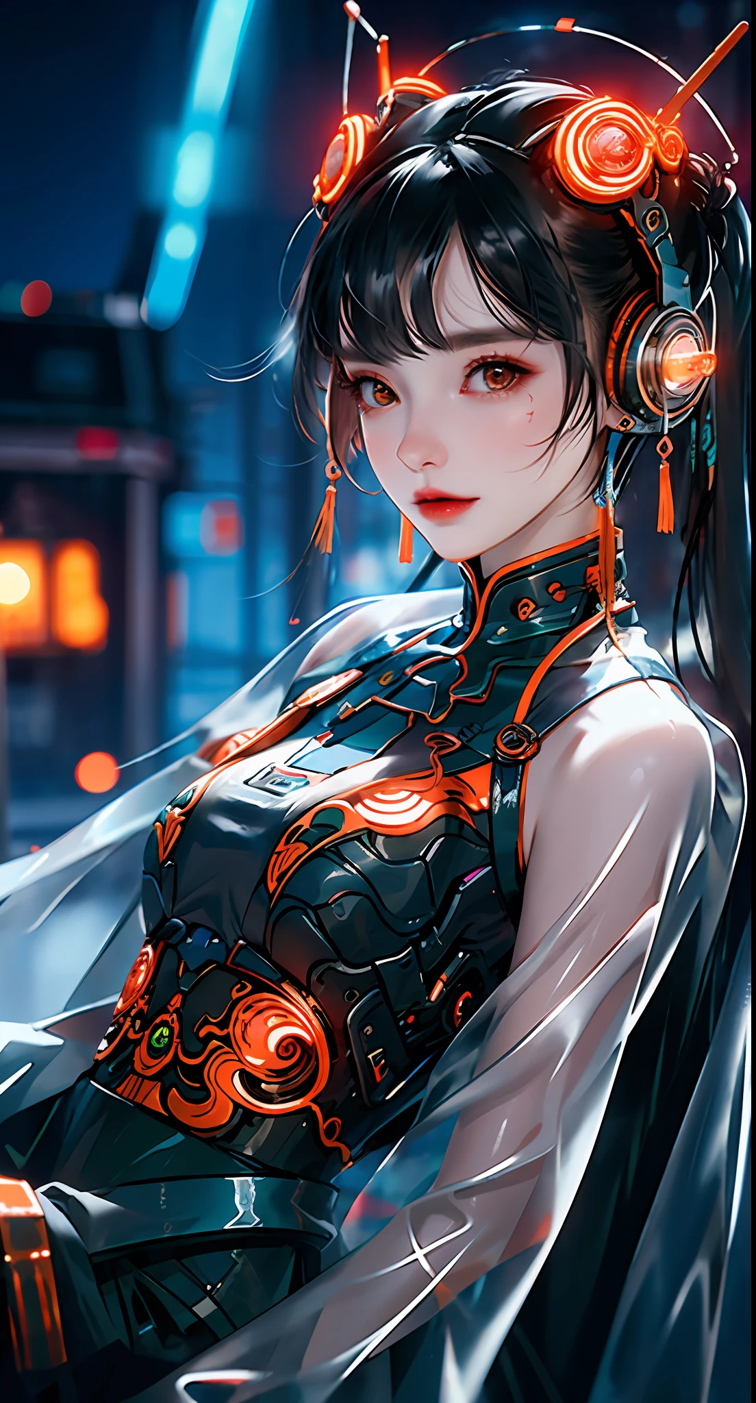 1 girl, Chinese_clothes, liquid silver and orange, cyberhan, cheongsam, cyberpunk city, dynamic pose, glowing headphones, glowing hair accessories, long hair, glowing earrings, glowing necklace, cyberpunk, high-tech city, full of mechanical and futuristic elements, futurism, technology, glowing neon, orange, orange light, transparent tulle, transparent streamers, laser, digital background urban sky, big moon, with vehicles, best quality, masterpiece, 8K, character edge light, Super high detail, high quality, the most beautiful woman in human beings, micro smile, symmetrical left and right face, an antenna for ears, beautiful pupil light effects, visual data