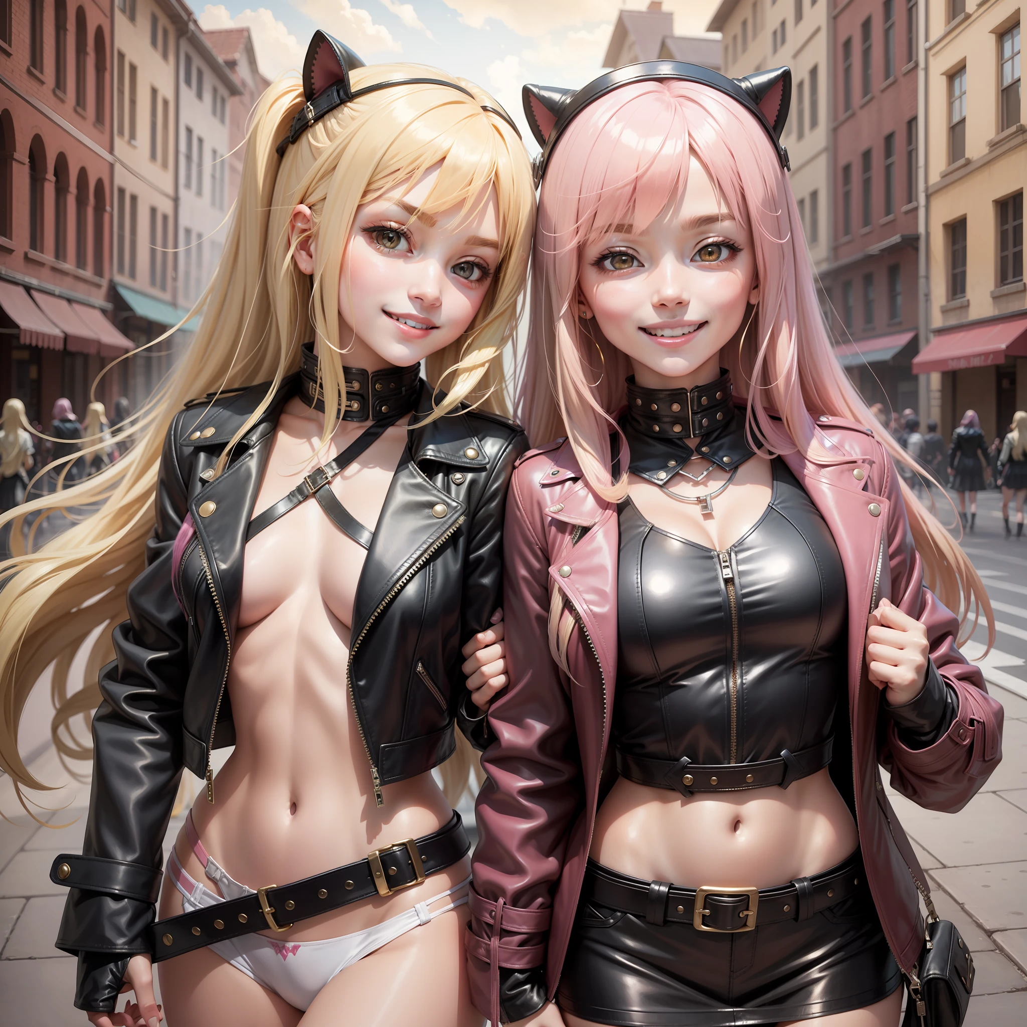 Harem Multiple Girls Leather Jacket School Smiling Long Hair Best Quality Masterpiece Blonde Pink Hair Future