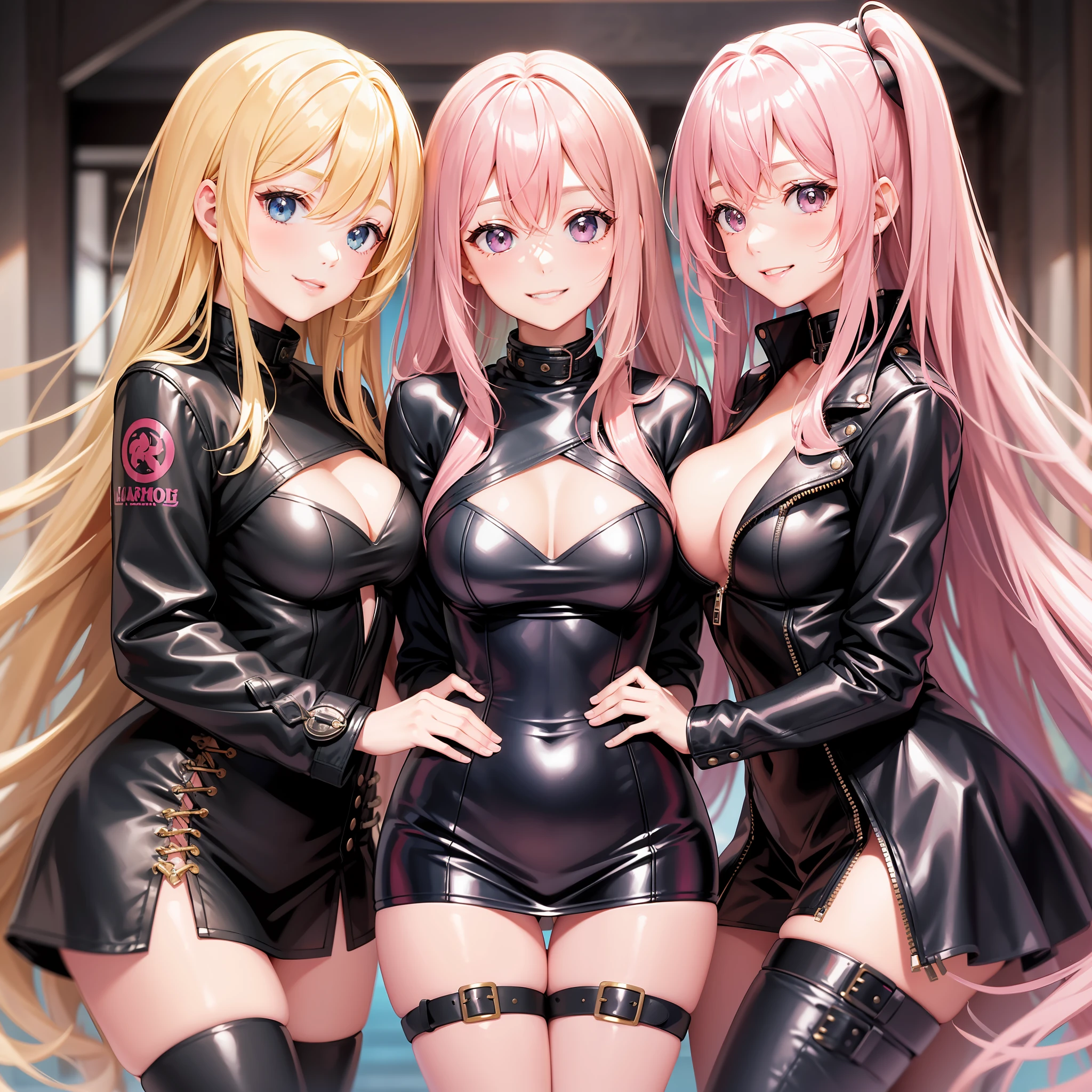 Harem Multiple Girls Leather Jacket School Smiling Long Hair Best Quality Masterpiece Blonde Pink Hair Future