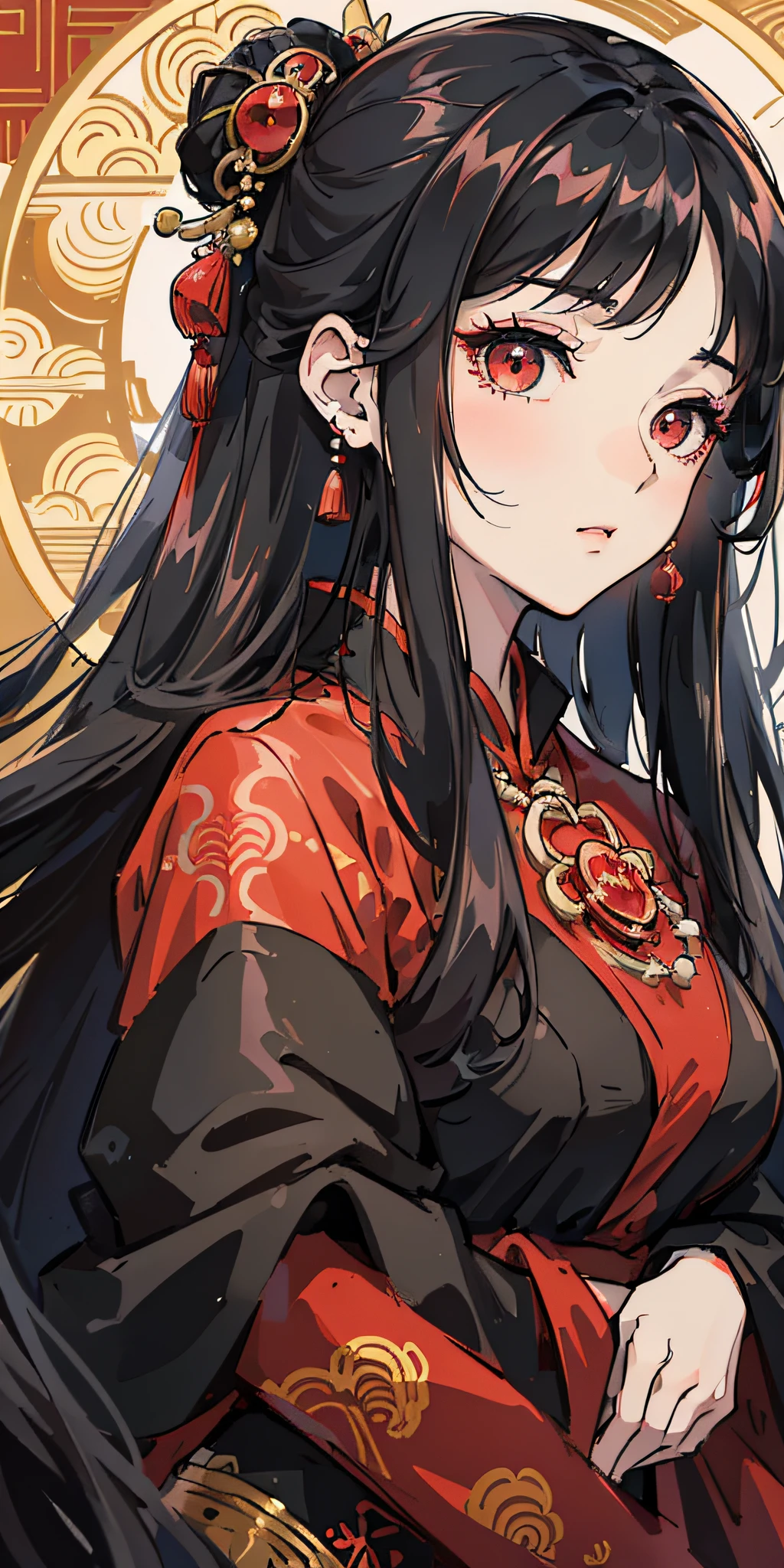 Excellent, masterpiece, best quality, delicate eyes, intricate details, anime girl with long black hair and red eyes in red cheongsam, anime style such as destiny / stay night, anime girl in black dress, black hair anime girl with long hair, lolish, anime in fantasy style, Japanese samurai --auto --s2