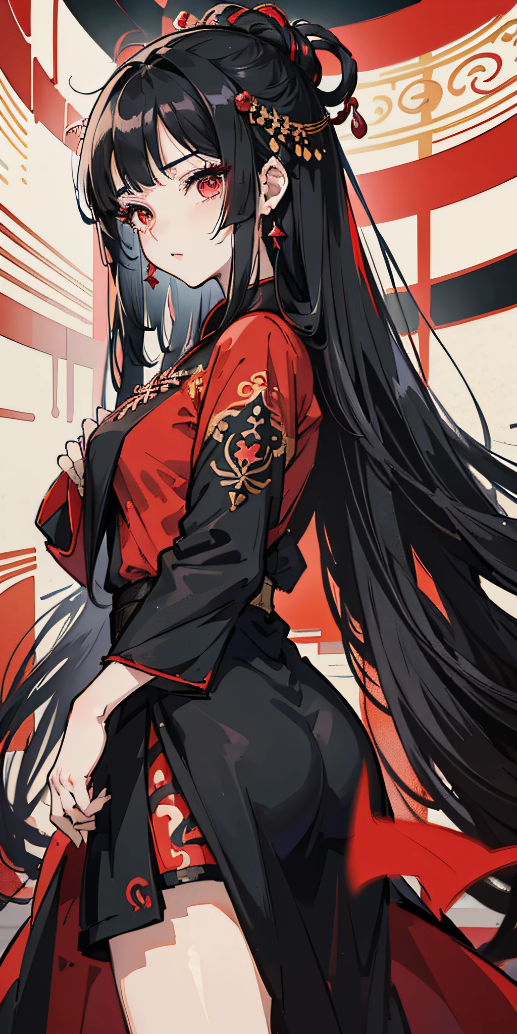Excellent, masterpiece, best quality, delicate eyes, intricate details, anime girl with long black hair and red eyes in red cheongsam, anime style such as destiny / stay night, anime girl in black dress, black hair anime girl with long hair, lolish, anime in fantasy style, Japanese samurai --auto --s2