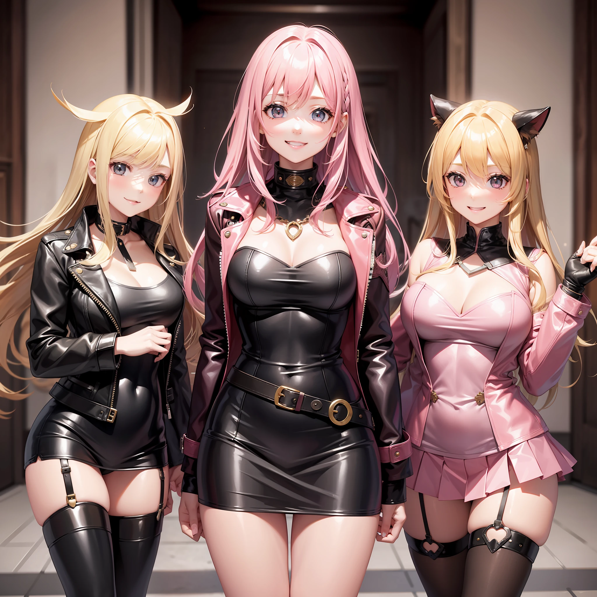 Harem Multiple Girls Leather Jacket School Smiling Long Hair Best Quality Masterpiece Blonde Pink Hair Future