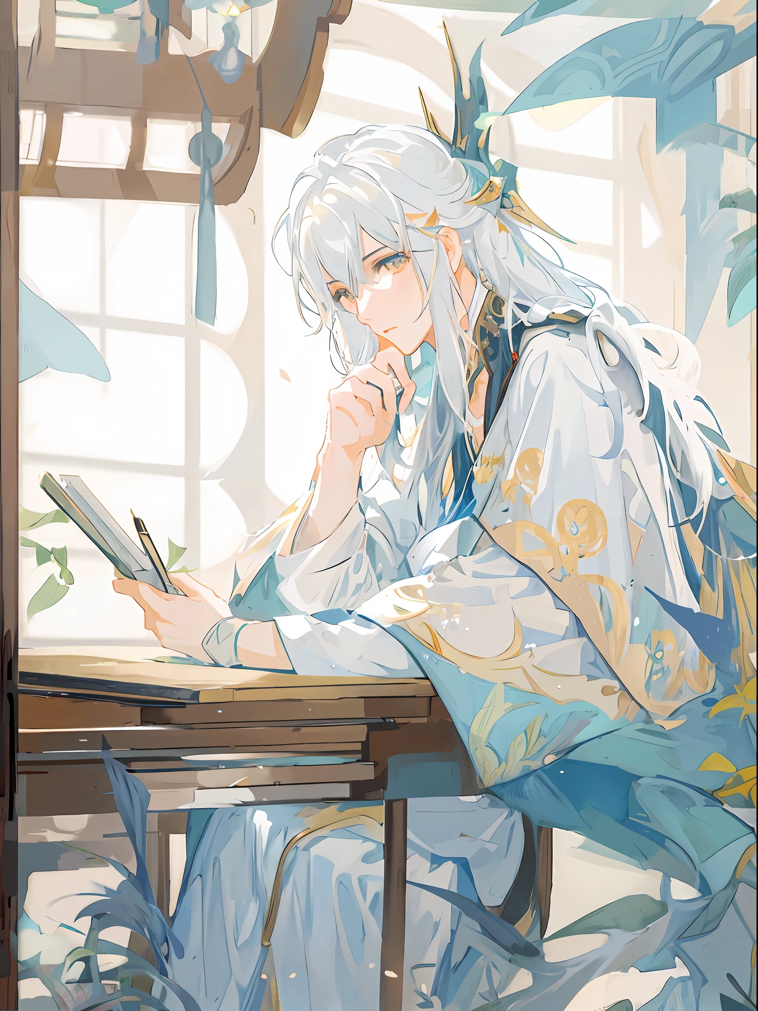 Anime girl sitting at table writing book, beautiful character painting, flowing hair and robes, Guwiz, Kurose Jinyao, Guvez style artwork, Chen Lin, Ye Xin, White Haired God, Alphonse Mucha and Rostus, Li Fangying