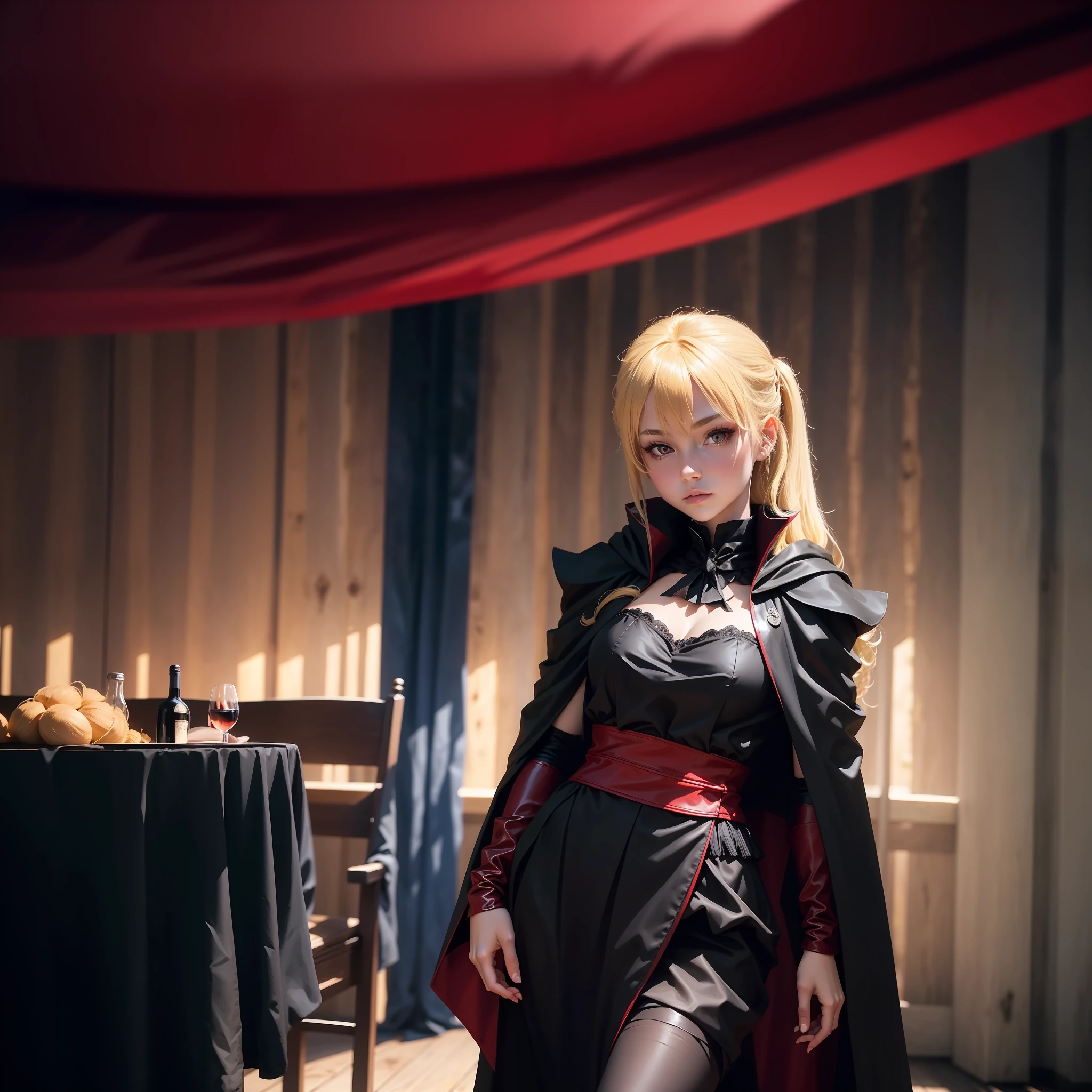 Puppet girl, blonde hair, bright red eyes, fair skin with well done details, wearing glued black clothes, and a wine cape, some wood details (great quality) mist in the background which is a dark forest, whole body,