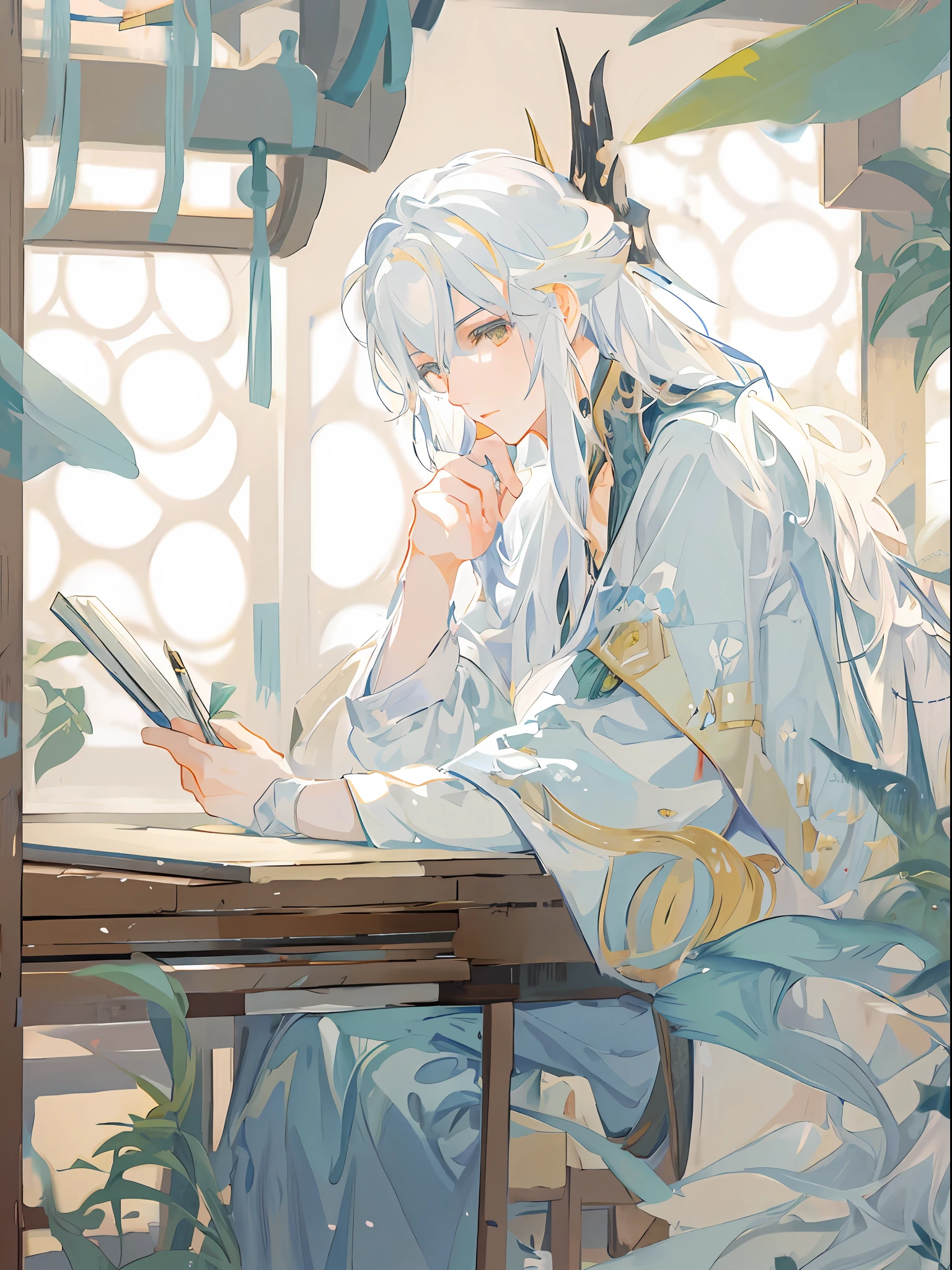 Anime girl sitting at table writing book, beautiful character painting, flowing hair and robes, Guwiz, Kurose Jinyao, Guvez style artwork, Chen Lin, Ye Xin, White Haired God, Alphonse Mucha and Rostus, Li Fangying