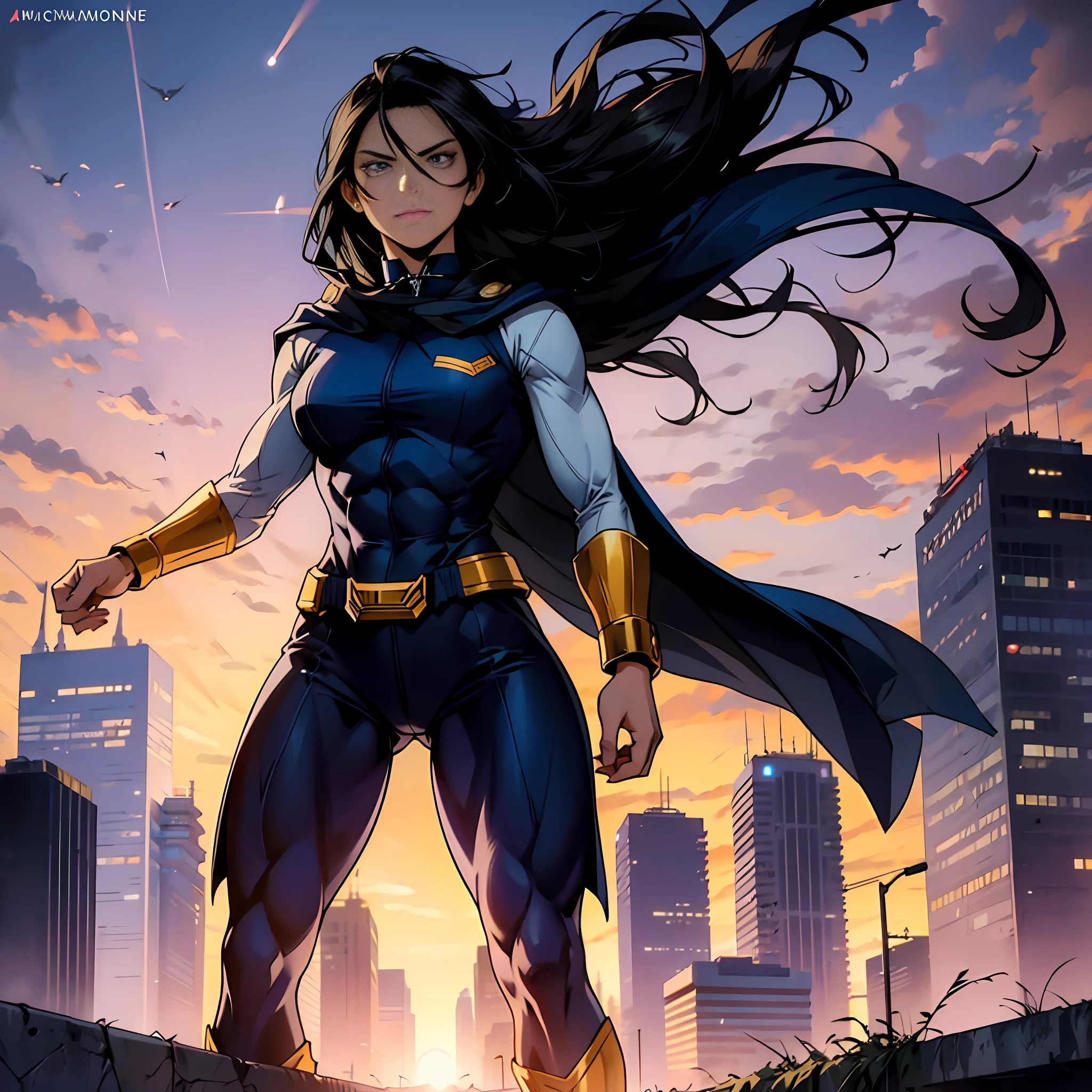 White heroic uniform, with zinza details"A female version of All Might, Boku no Hero style, anime. perfect combination of strength and beauty: black hair, spooky eyes, defined muscles, heroic white uniform and zinza, urban backdrop with immense skyscrapers and winding roads underneath – all in the light of the sunset."