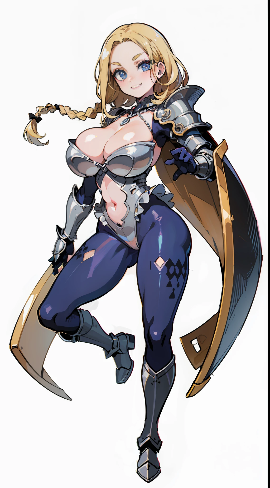 "(masterpiece), best quality, NSFW,  
1girl, (80s anime style:1.5), (eyelashes:1.5),
(intricate high detailed body:1.2), 
blonde hair, 
(forehead:1.2), (single braid:1.1), 
blue eyes, 
(pale skin:1.2), (slim body:1.2), 
(huge breasts:1.2), 
(thick eyebrows:1.1), 
grin, 
(frilled leotard, navel cutout:1.2), 
(knight armor, armored boots:1.2), 
(pantyhose:1.1), jewelry, necklace, hair ornament, 
(dynamic pose1.1), 
(full body1.1), 
(simple white background:1.3)"