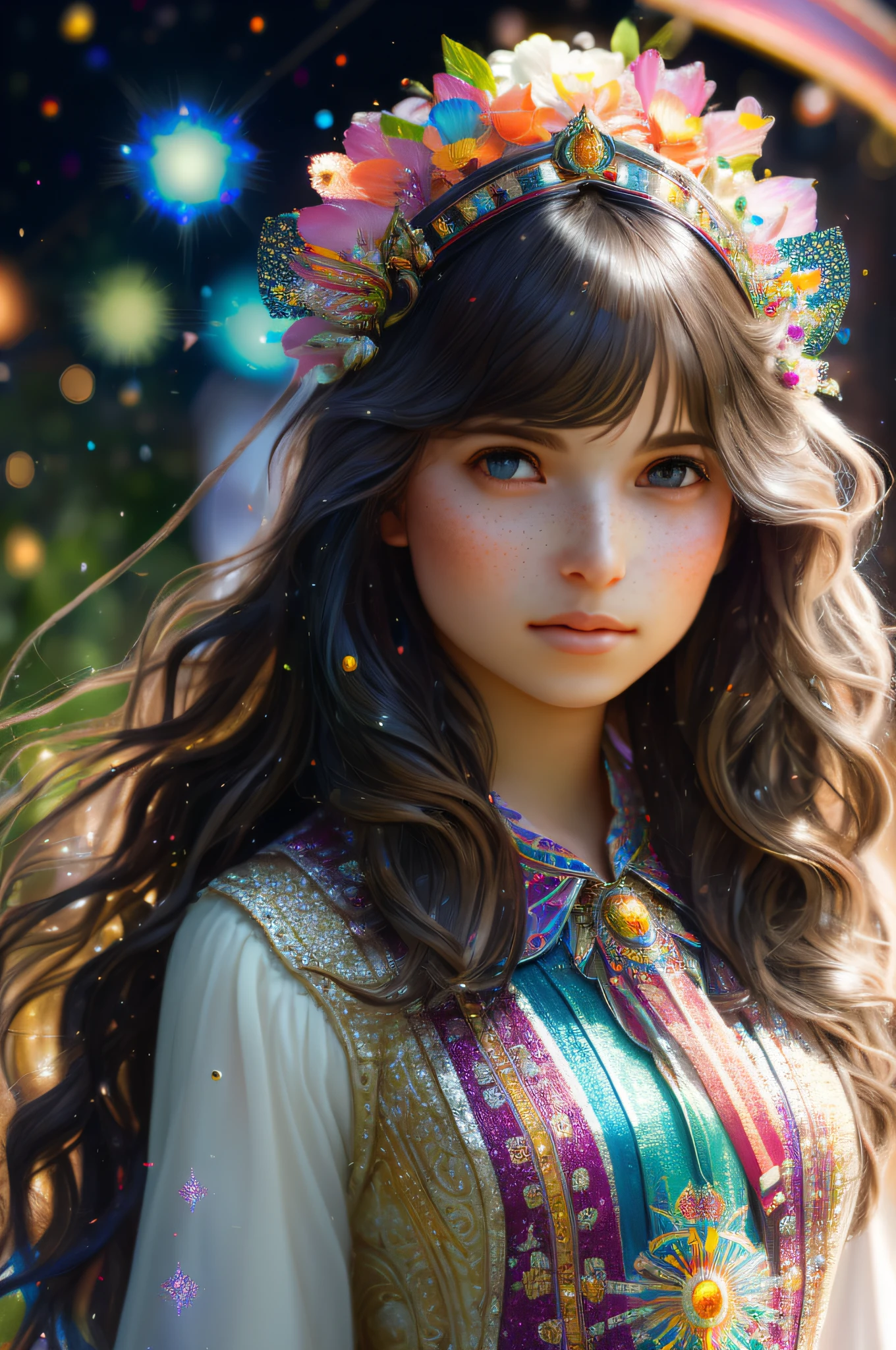 (((photorealistic painting))), (full body:1.6), (stunningly attractive)) woman at a renaissance festival, ((perfect feminine face)), (+long colorful wavy hair), (+glitter freckles), (glitter), wearing a flowing dress, intricate, 8k, highly detailed, volumetric lighting, digital painting, intense, sharp focus, ((art by artgerm and rutkowski and alphonse mucha)), (cloth simulation), (wind), cgsociety, good anatomy, great lighting, subsurface scattering, award winning, masterpiece, (perfect skin texture)),((realistic)), (style-sylvamagic:0.6)
