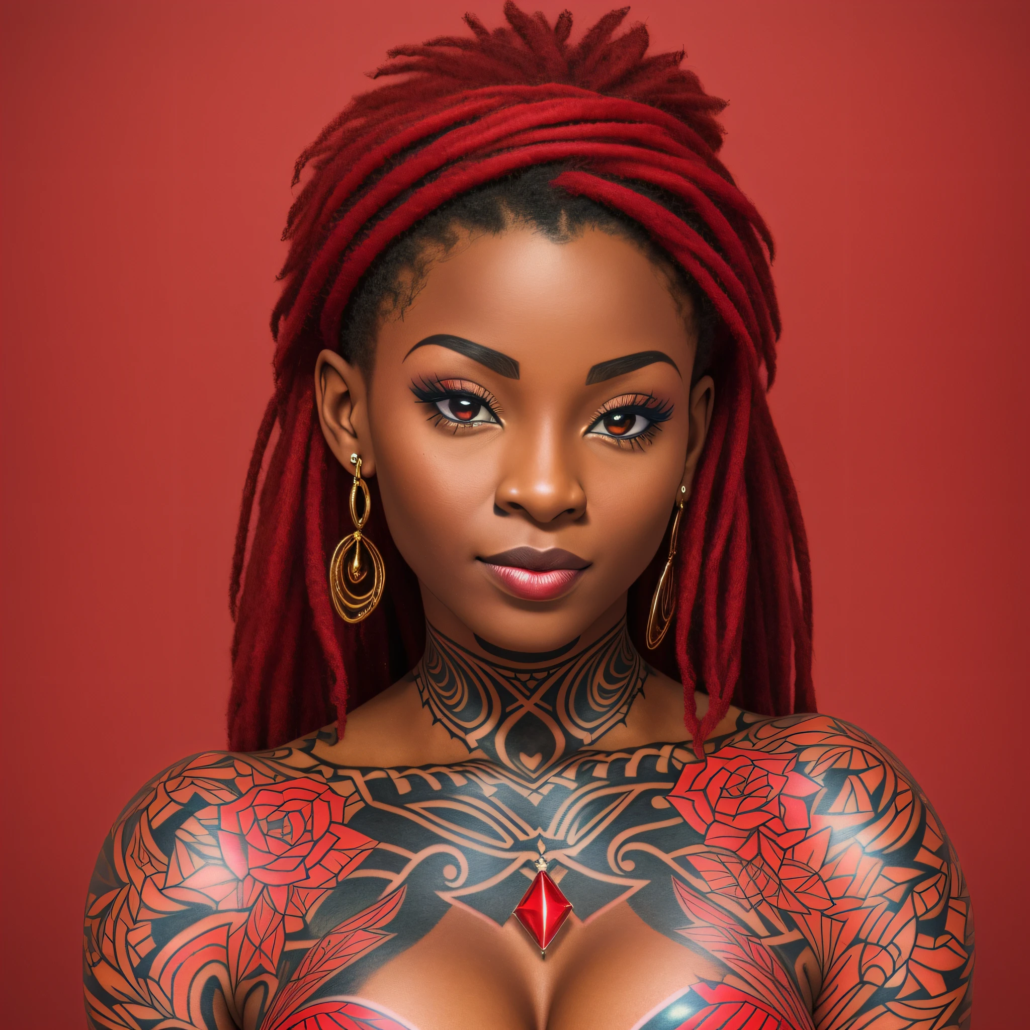 A closeup of a woman with a tattoo on her chest, Sie's chest, taken in early 2020, closeup half body shot, African domme mistress, closeup bust shot, sexy face, red magic surrounds her, smooth red skin, she's about 20, she's about 2 0 years old
Preparing