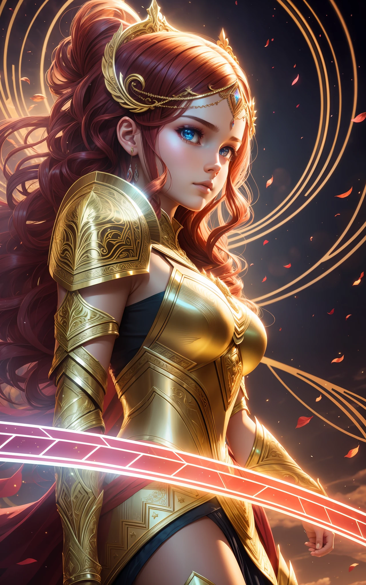 award winning concept art of (1girl:1.2) in red shiny ornate armor standing tall, epic, god rays, centered, (masterpiece:1.2), (best quality:1.2), Amazing, highly detailed, beautiful, finely detailed, warm soft color grading, Depth of field, extremely detailed 8k, fine art, stunning, iridescent, shiny, (light reflections:1.2), (crisp:1.5), curls, wind, vibrant, sunlit, edge detection, cinematic