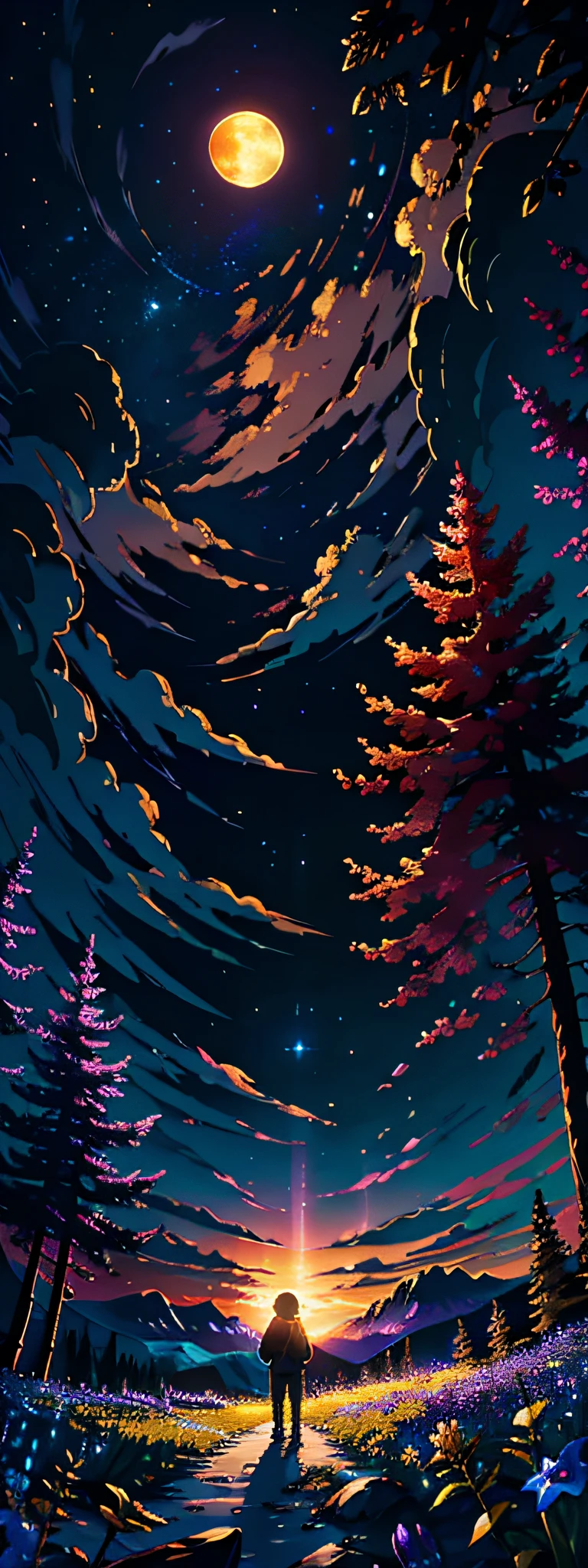 Vast landscape photos, (sky and wilderness below), little boy standing in a flower field looking up, (Full Moon: 1.2), (Meteor: 0.9), (Nebula: 1.3), Distant Mountains, Tree Breaking Making Art, (Warm Light Source: 1.2), (Firefly: 1.2), Lights, Purple and Orange, Intricate Details, Volumetric Lighting BREAK (Masterpiece: 1.2), (Highest Quality), 4K, Super Delicate, (Dynamic configuration: 1.4), highly detailed and colorful details (iridescent colors: 1.2), (sparkling lighting, atmospheric lighting), dreamy, magical, (solo: 1.2)