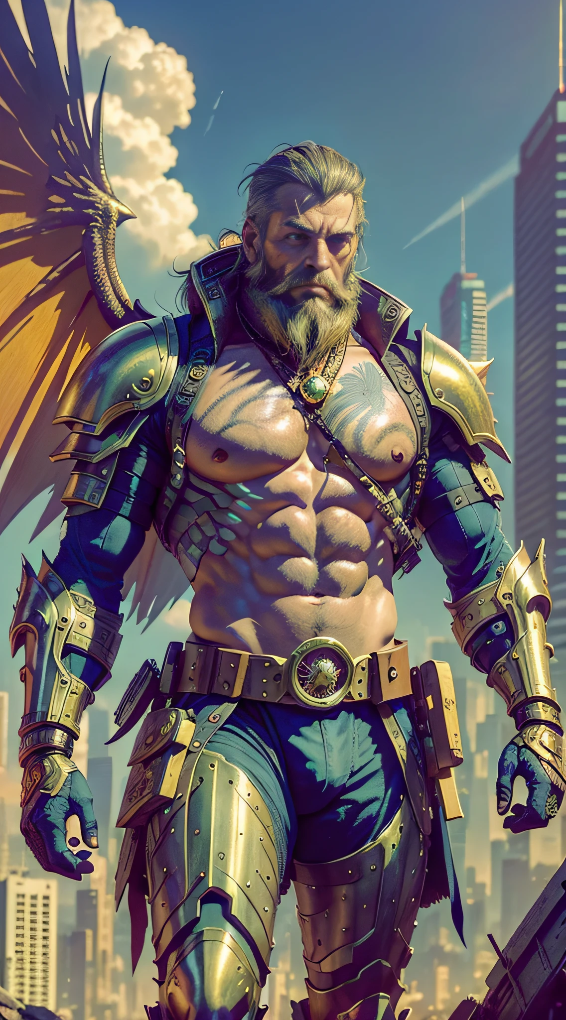 Cyberpunk, down, a man in armor, a craftsman, a golden armor with dragon wings, a fluttering beard, gorgeous, doomsday city, and a black cloud of rare sunlight in the background.