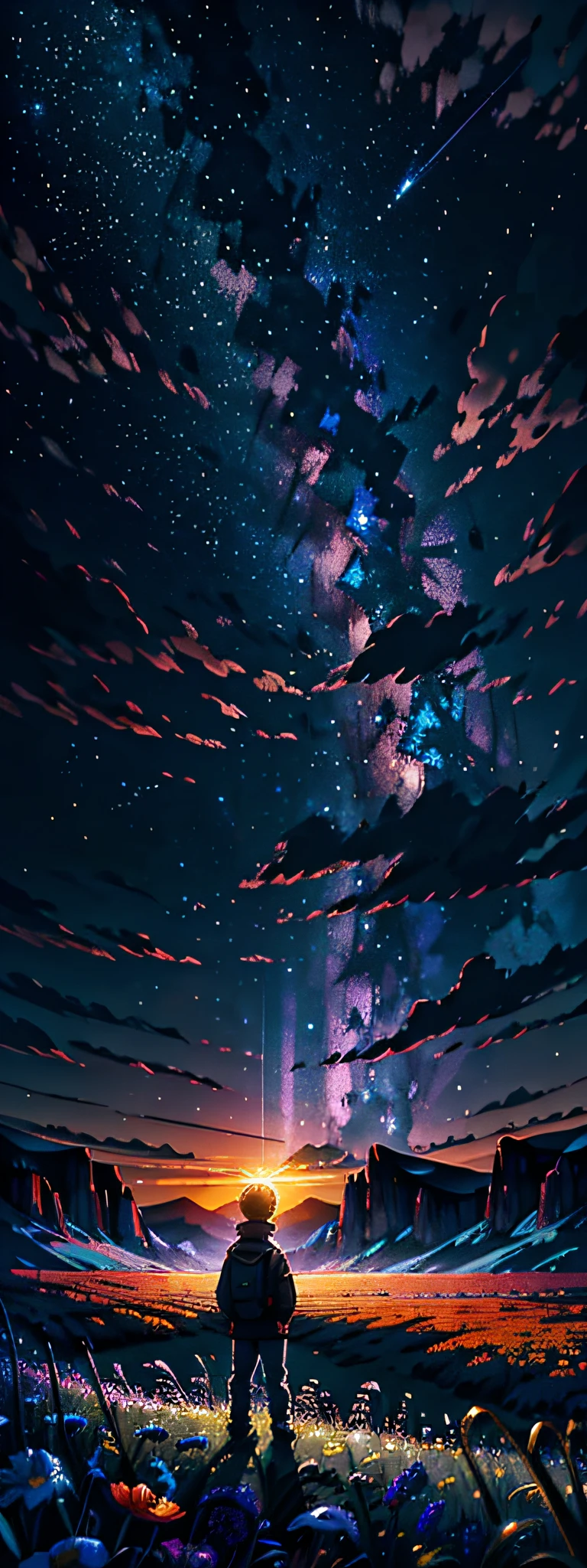 Vast landscape photos, (sky and wilderness below), little boy standing in a flower field looking up, (Full Moon: 1.2), (Meteor: 0.9), (Nebula: 1.3), Distant Mountains, Tree Breaking Making Art, (Warm Light Source: 1.2), (Firefly: 1.2), Lights, Purple and Orange, Intricate Details, Volumetric Lighting BREAK (Masterpiece: 1.2), (Highest Quality), 4K, Super Delicate, (Dynamic configuration: 1.4), highly detailed and colorful details (iridescent colors: 1.2), (sparkling lighting, atmospheric lighting), dreamy, magical, (solo: 1.2)
