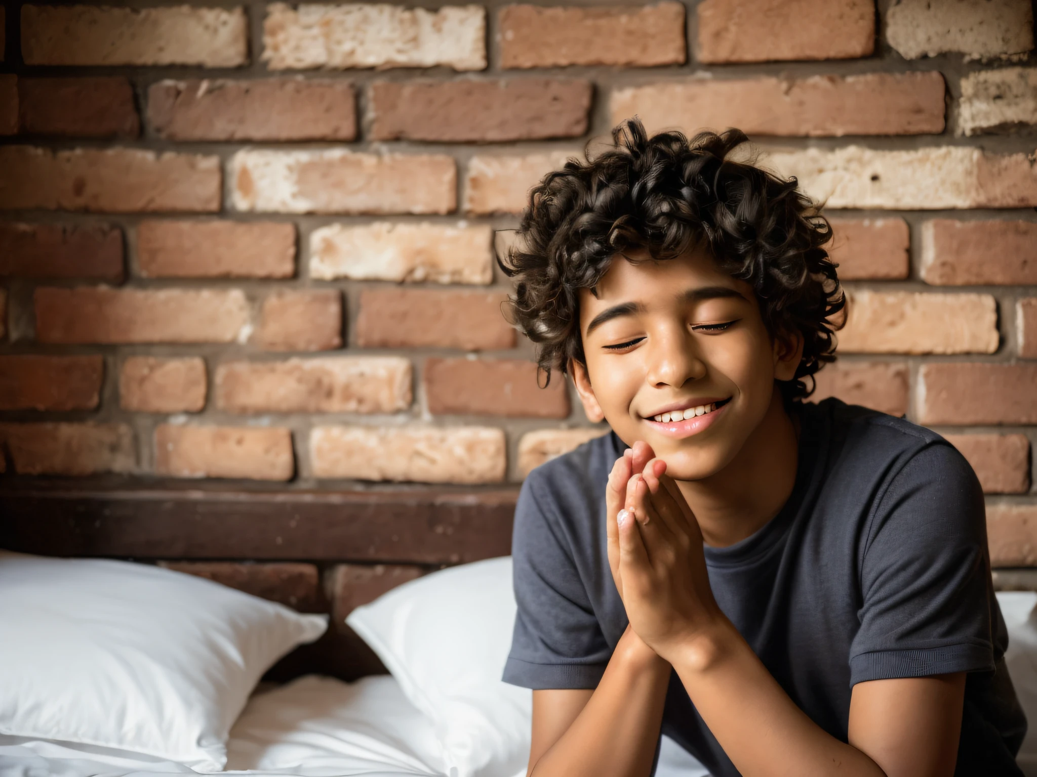 Portrait of a young man of 14 years handsome, beautiful face perfect petit teen, he is happy, very beautiful,black Brazilian, wavy black hair, dark skin, praying eyes closed, in bed, (when humble, walls appearing the bricks, simple and old house, old pillows, very blurred background, clear: 1.2)