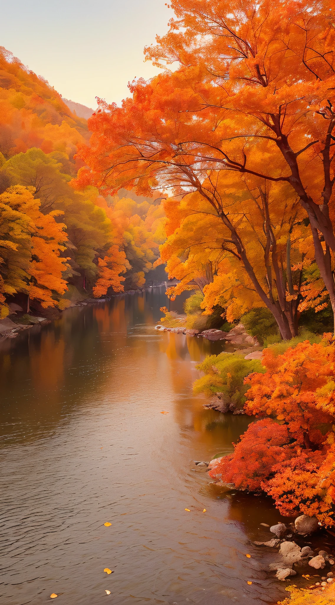 ((Hue: Orange, Red: 1.2), (CG: 1.2, Photo: 0.8), (Soft, Delicate), (Elevation View, Trees, Lakes), (Flowing Water, Autumn Leaves): 0.9, Sunset), (Phoenix, Nirvana), (Wind Blowing Clothes, Flowing Clouds Tide): 0.8)