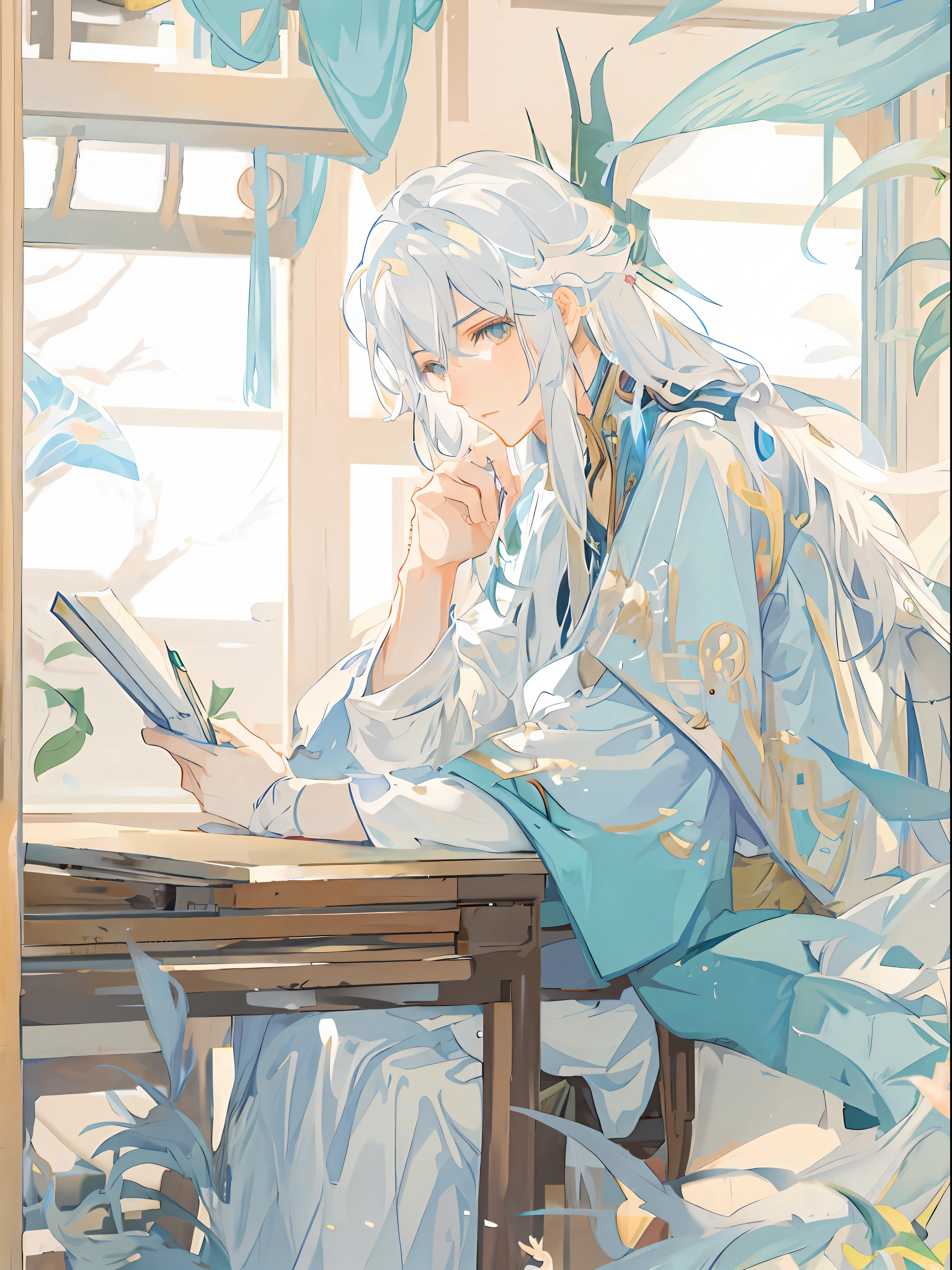 Anime girl sitting at table writing book, beautiful character painting, flowing hair and robes, Guwiz, Kurose Jinyao, Guvez style artwork, Chen Lin, Ye Xin, White Haired God, Alphonse Mucha and Rostus, Li Fangying