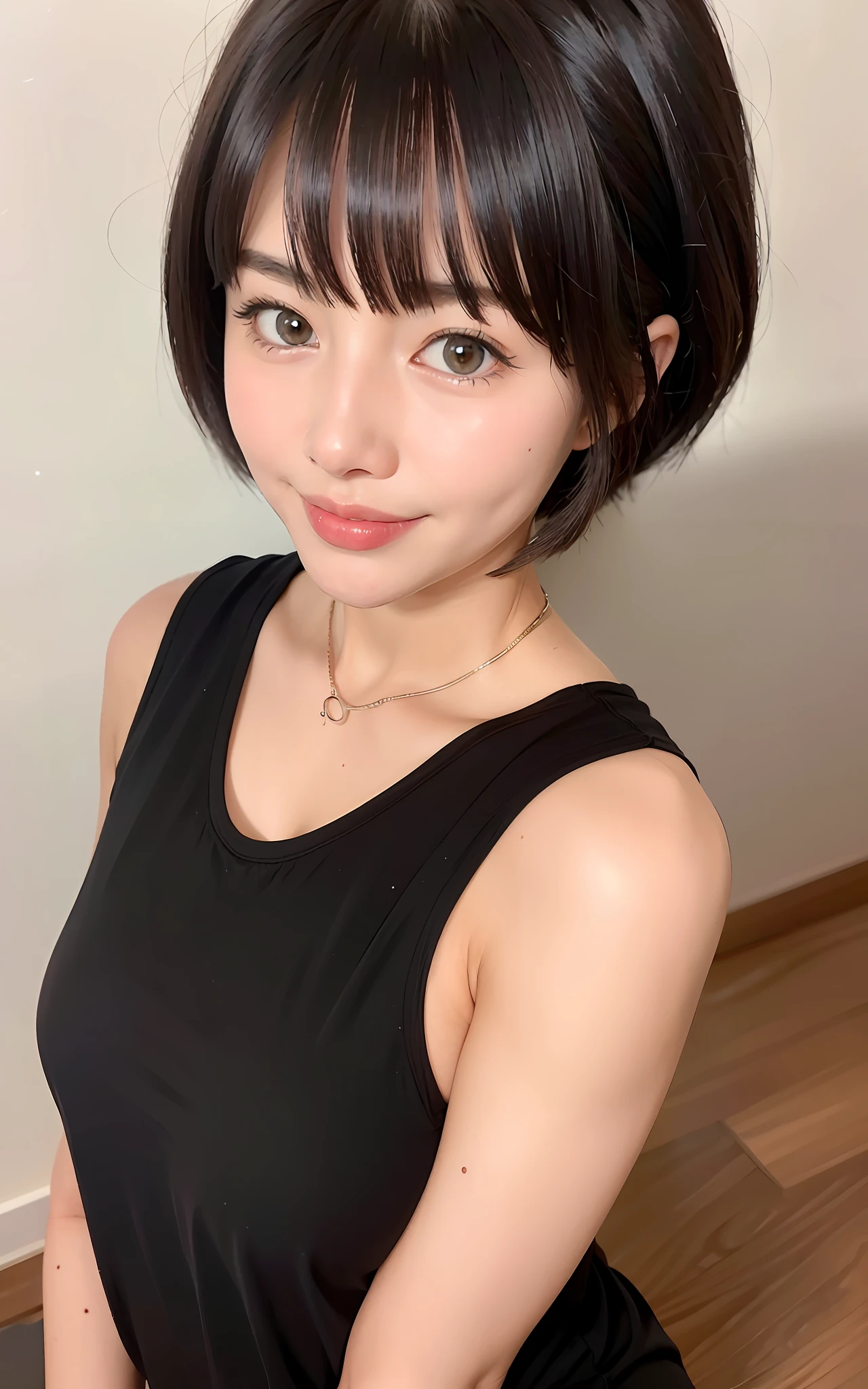 (Photorealistic: 1.4), masterpiece, ultra high resolution, RAW photos, highest quality, (open smile: 4.0), (big smile: 2.5), (white teeth: 2.0), (sexy: 1.4), raw photo, Japan beautiful wife 1, 25 years old, pure white skin, (cute: 3.0), (eyes with the corners of the eyes down: 2.0), (large and round eyes: 3.0), (moisturized eyes: 3.0), ( Upper eye looking at the camera: 3.0), (figure eight eyebrows: 2.0), blush, slender, (brown short hair: 1.2), bangs, revealing chest, lace bra,