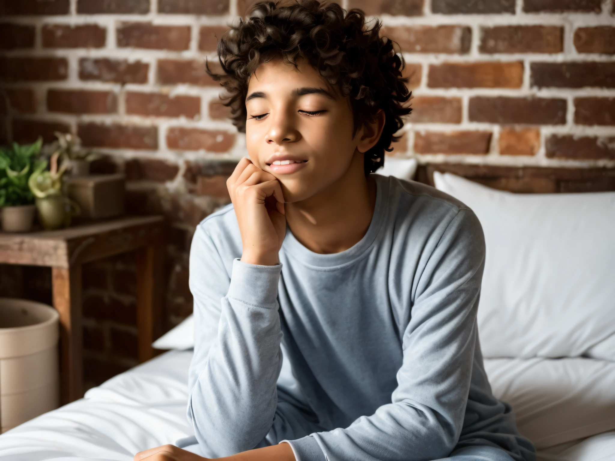 Portrait of a young man of 14 years handsome, beautiful face perfect petit teen, he is happy, very beautiful,black Brazilian, wavy black hair, dark skin, praying eyes closed, in bed, (when humble, walls appearing the bricks, simple and old house, old pillows, very blurred background, clear: 1.2)