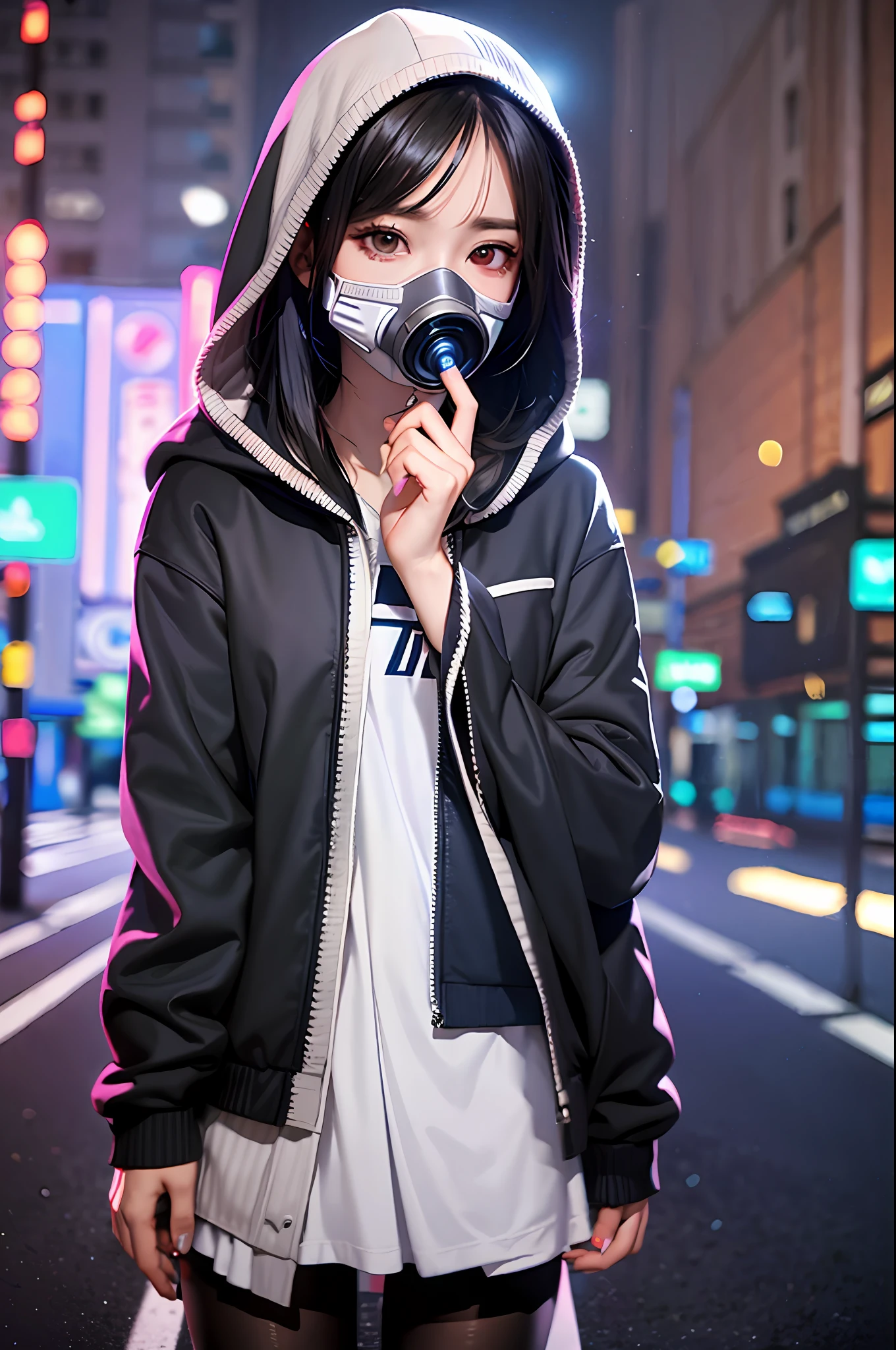 official art, unity 8k wallpaper, ultra detailed, beautiful and aesthetic, High quality, beautiful, masterpiece, best quality, low contrast, 1girl, long straight black hair, lycoris flower, goat skull, (red, black), (horror), (gloomy), blood, gasmask, black hoodie, forehead hair, hair to front, gray hair, gray shine eyes, blue light particle, standing ashetic pose, lonely city background, portrait girl, blue light neon circle particle