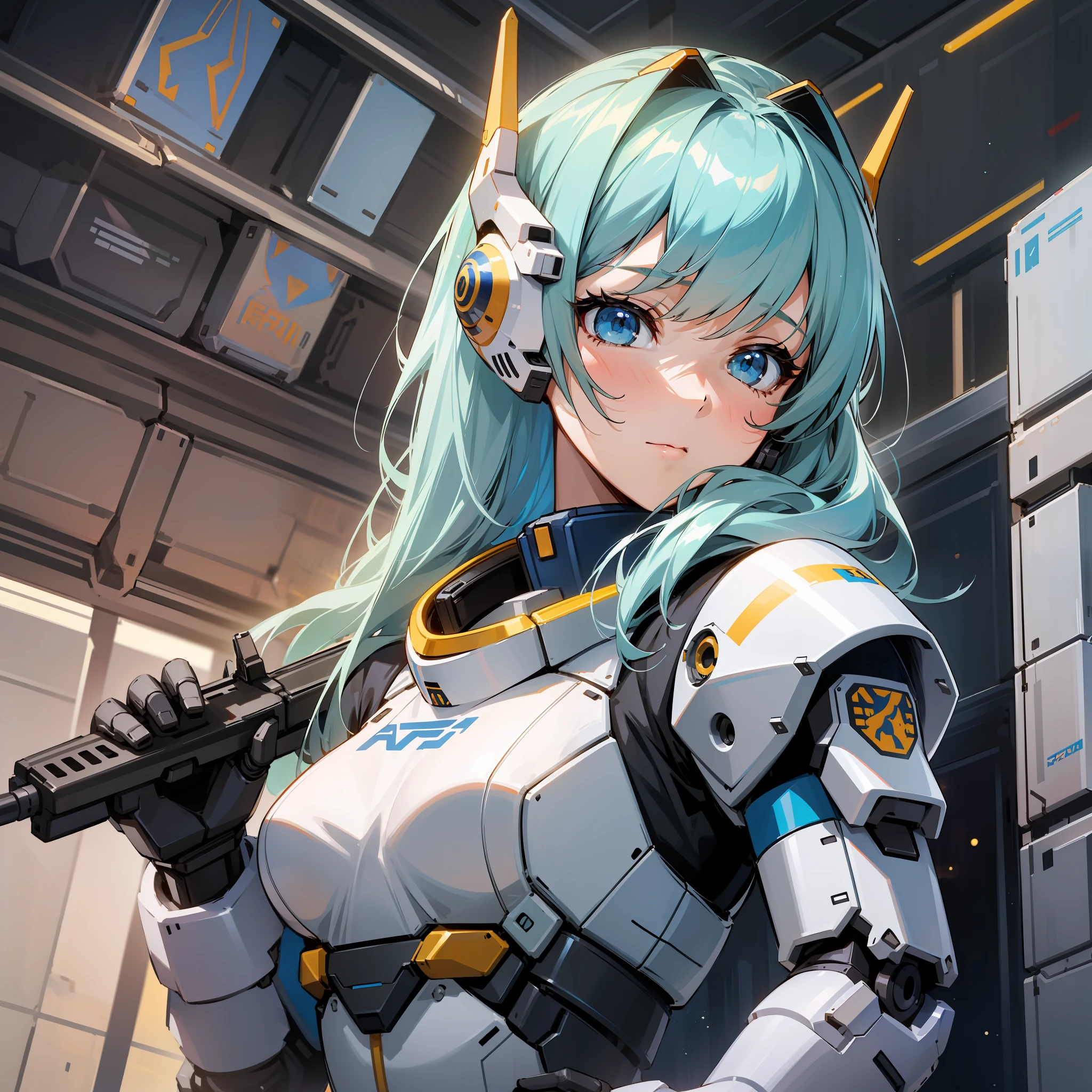 a close up of a woman holding a gun in a space station, mechanized valkyrie girl, girl in mecha cyber armor, portrait armored astronaut girl, female mecha, fully robotic!! girl, portrait anime space cadet girl, ferra white mecha, arasaka mech, mecha suit, mechanized soldier girl, anime mech armor, cyborg merchant girl