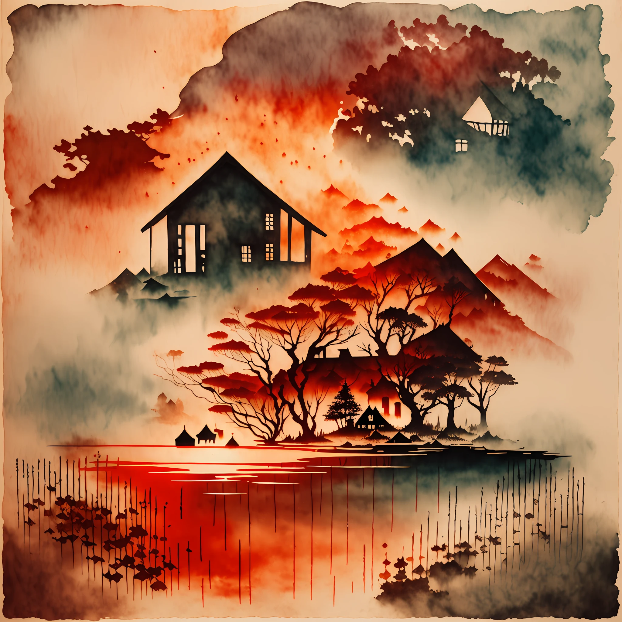muted ink painting, muted colors, rice paper texture, splash paint, burning horizon, woman's silhouette, red sun, Old cottage, Lakeside, Morning light, Clouds wet to wet techniques, highest quality --auto --s2