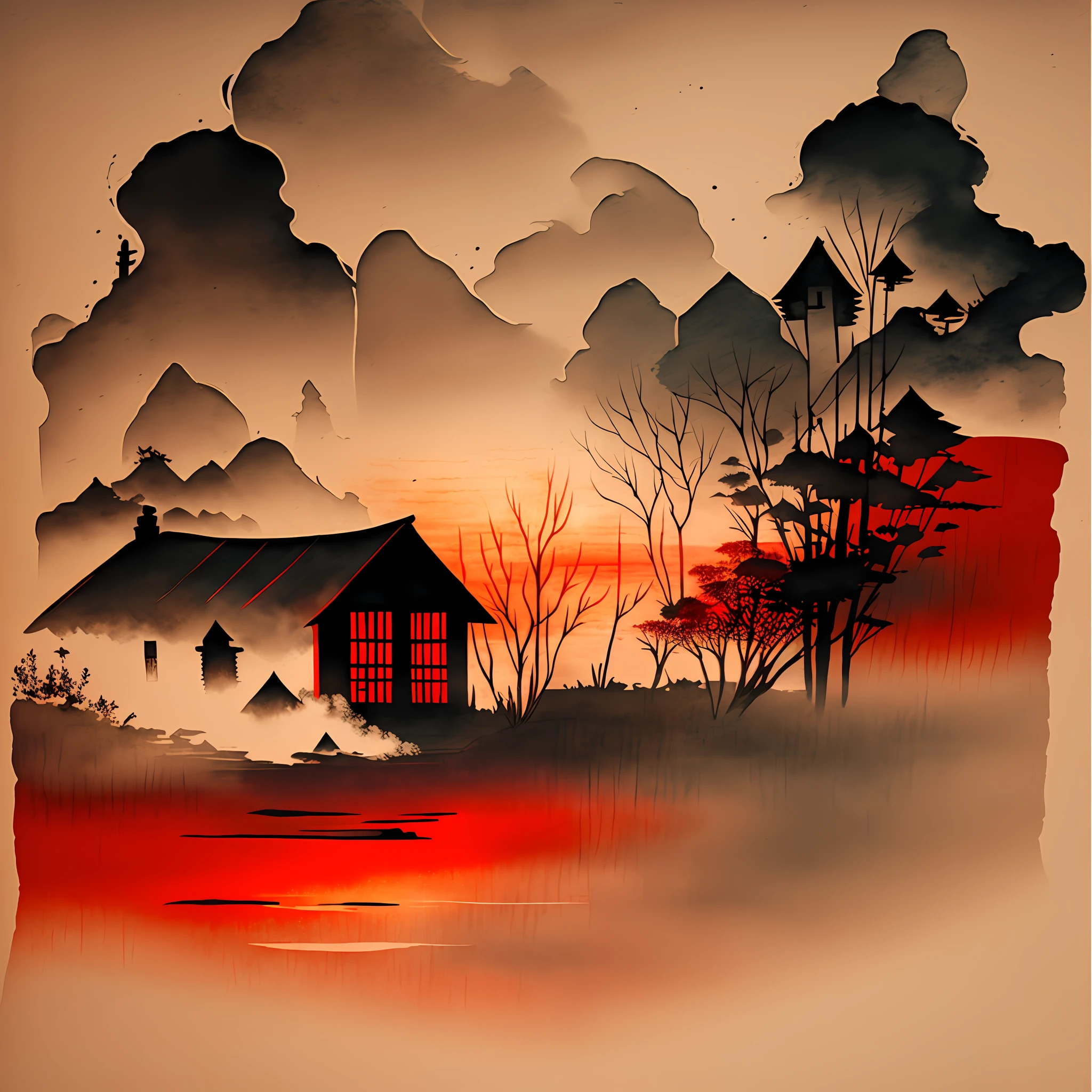 muted ink painting, muted colors, rice paper texture, splash paint, burning horizon, woman's silhouette, red sun, Old cottage, Lakeside, Morning light, Clouds wet to wet techniques, highest quality --auto --s2
