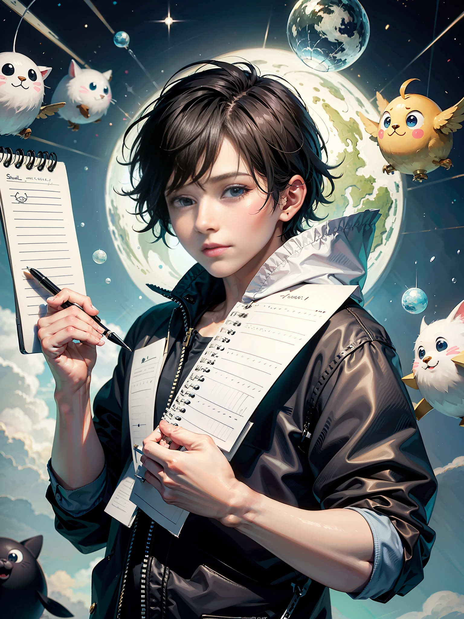 1.5) A cute boy doodling in his notebook, surrounded by his imaginary friends. (Prompt B:0.8) Whimsical scribbles and doodles fill the page, creating a colorful and imaginative world.
